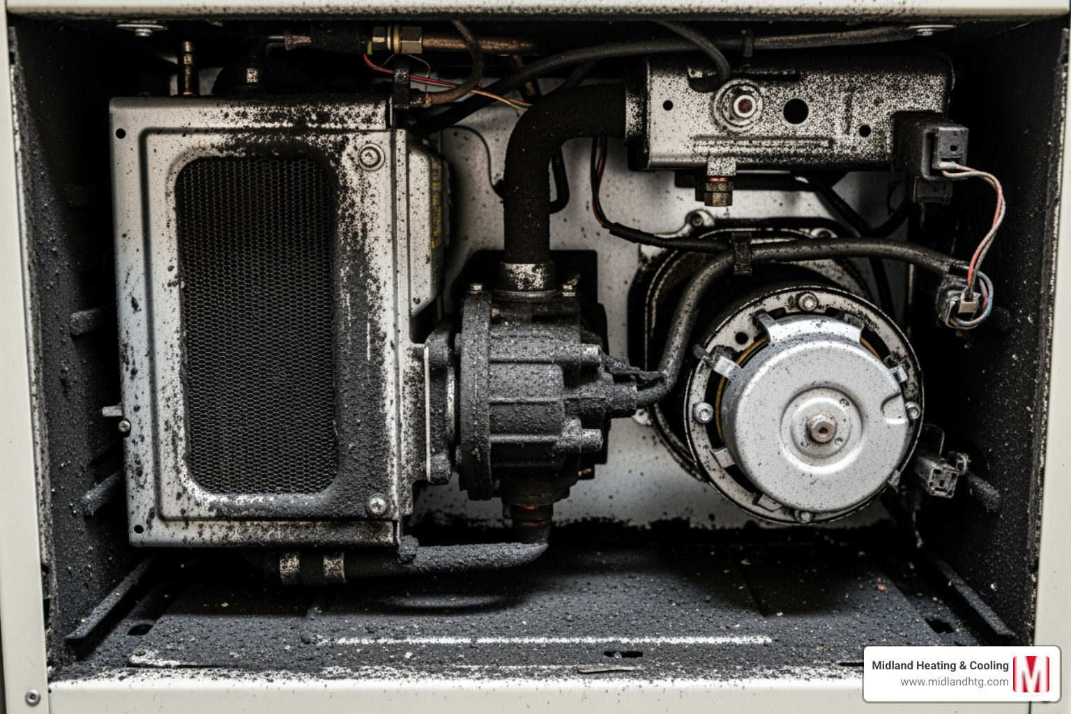 soot buildup inside a furnace cabinet - furnace heat exchanger