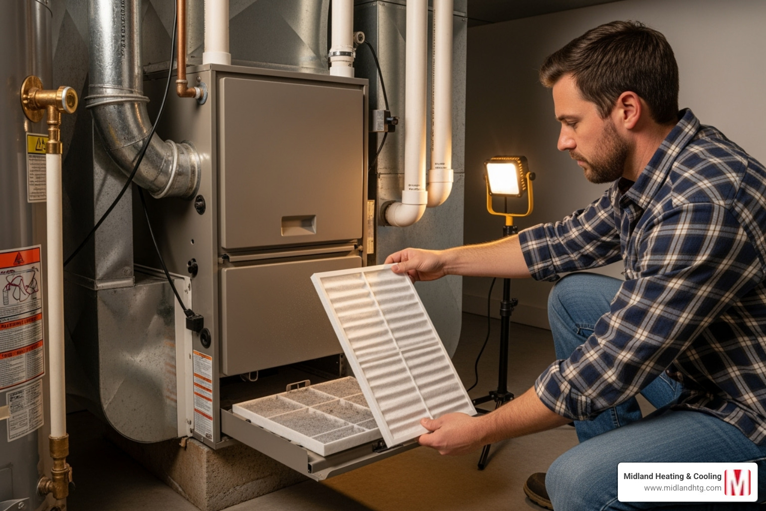 homeowner changing a furnace filter - furnace heat exchanger