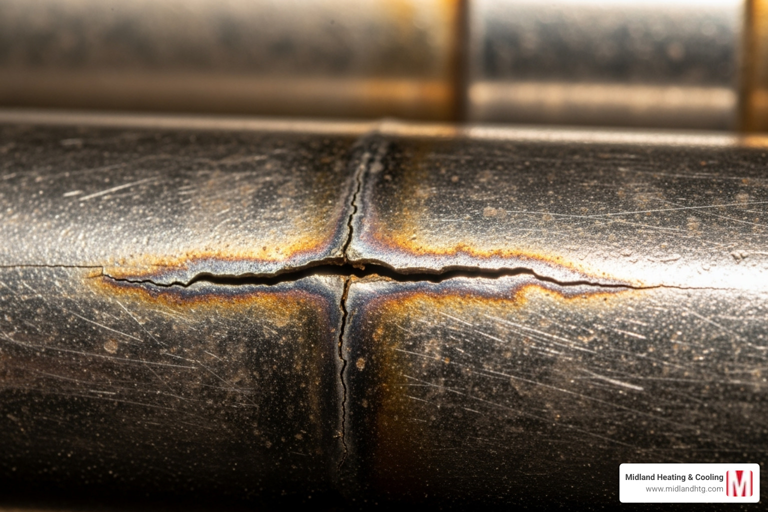 visible crack on a metal heat exchanger tube - furnace heat exchanger