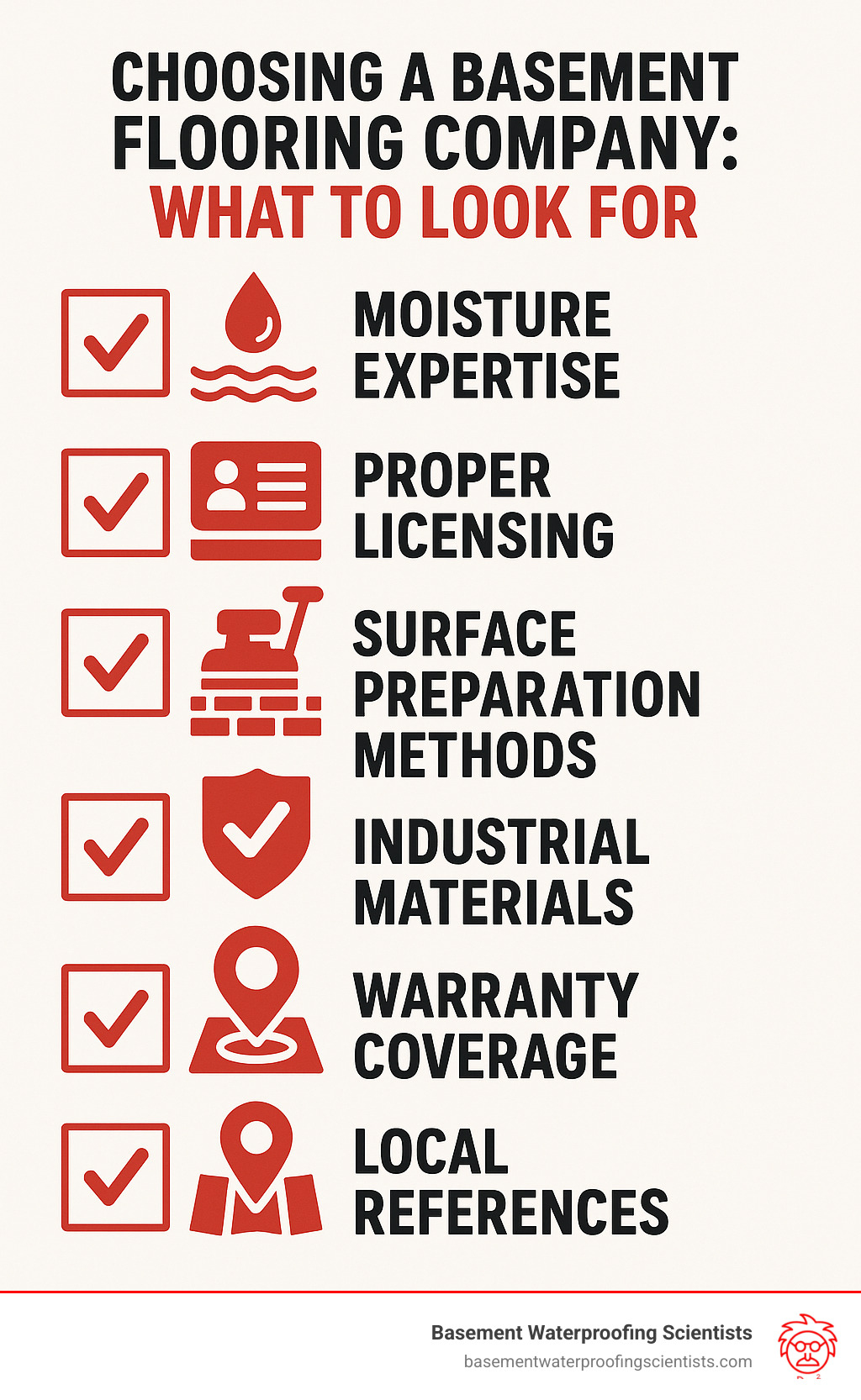 Infographic showing basement flooring company selection criteria including moisture expertise, proper licensing, surface preparation methods, industrial materials, warranty coverage, and local references with checkmarks for evaluation - basement flooring company infographic 