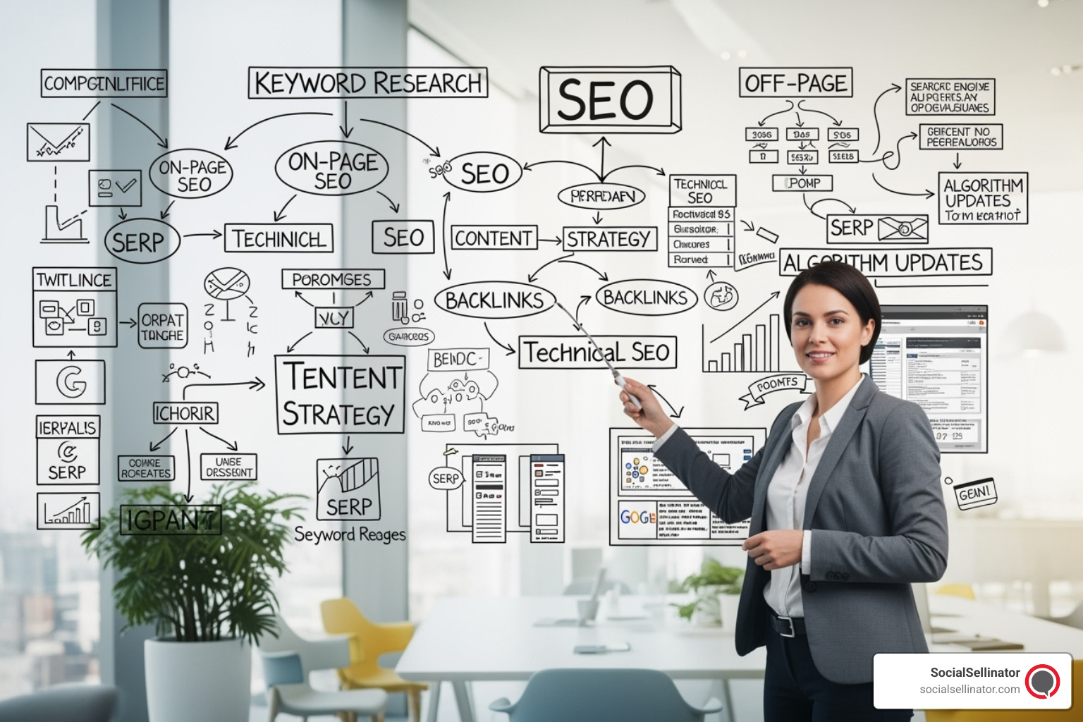 Marketing expert explaining SEO strategies on a whiteboard. Metadata: SEO, digital marketing, presentation, strategy, education.