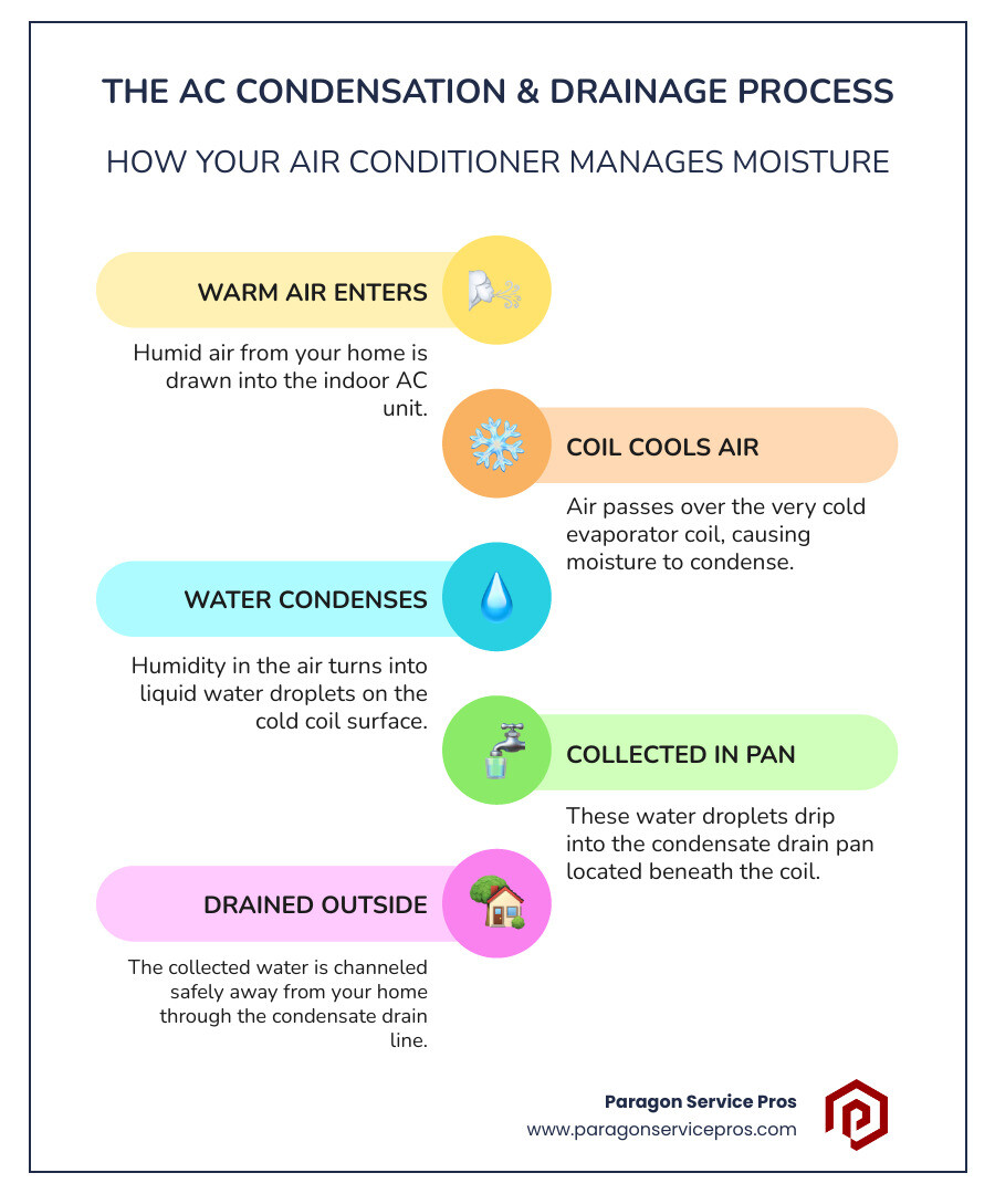 Detailed infographic showing AC condensation process: warm air entering evaporator coil, water droplets forming on cold coil surface, condensation collecting in drain pan, and proper drainage through condensate line to outside - AC leaking water infographic infographic-line-5-steps-colors Detailed infographic showing AC condensation process: warm air entering evaporator coil, water droplets forming on cold coil surface, condensation collecting in drain pan, and proper drainage through condensate line to outside - AC leaking water infographic infographic-line-5-steps-colors