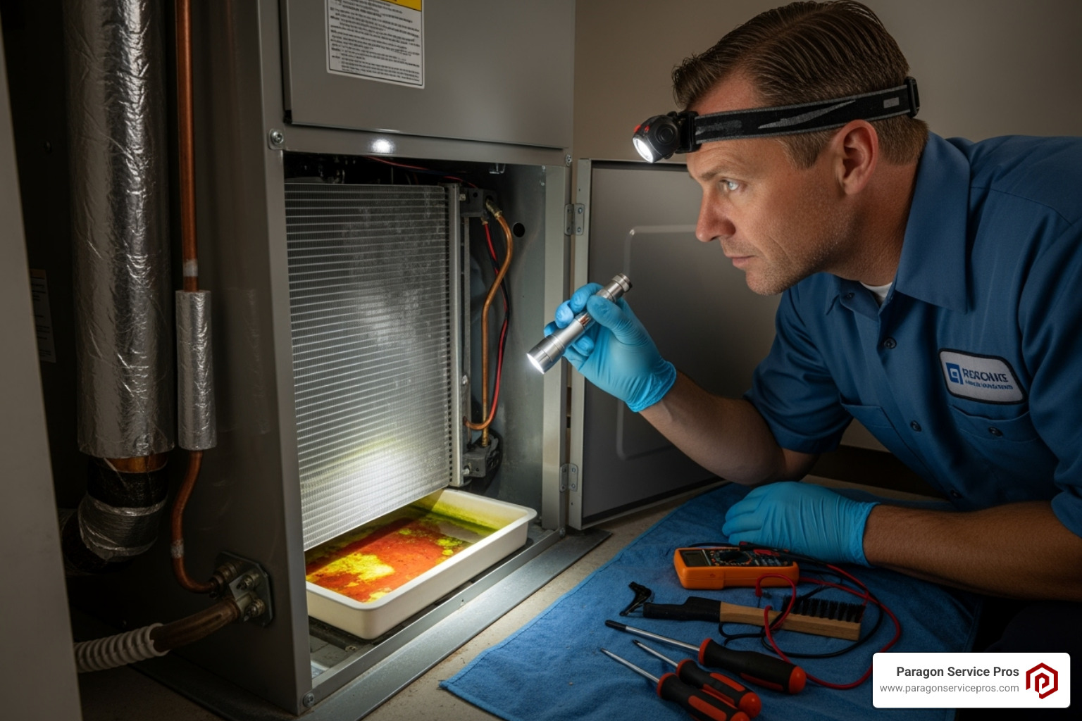 of a technician inspecting an indoor AC unit - AC leaking water of a technician inspecting an indoor AC unit - AC leaking water