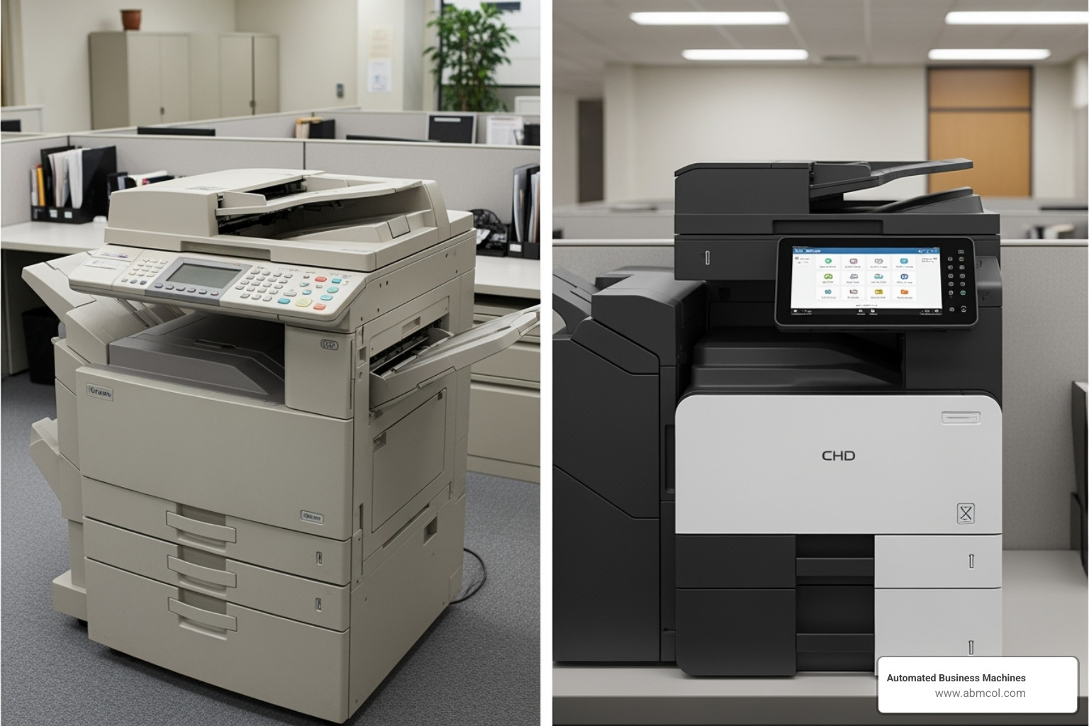 side-by-side comparison of old and new copiers - business copier
