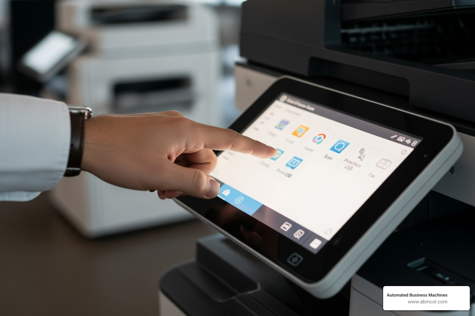 user interacting with a copier touchscreen - business copier