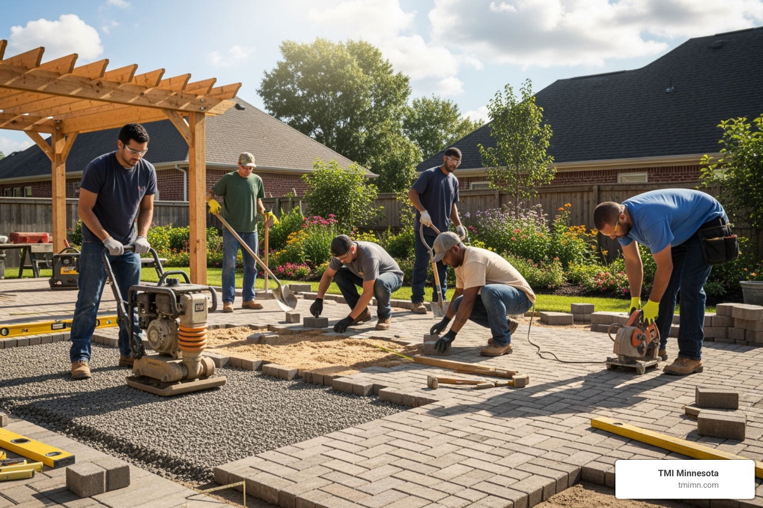 Professional crew installing a paver patio - landscaping driveways and patios Professional crew installing a paver patio - landscaping driveways and patios