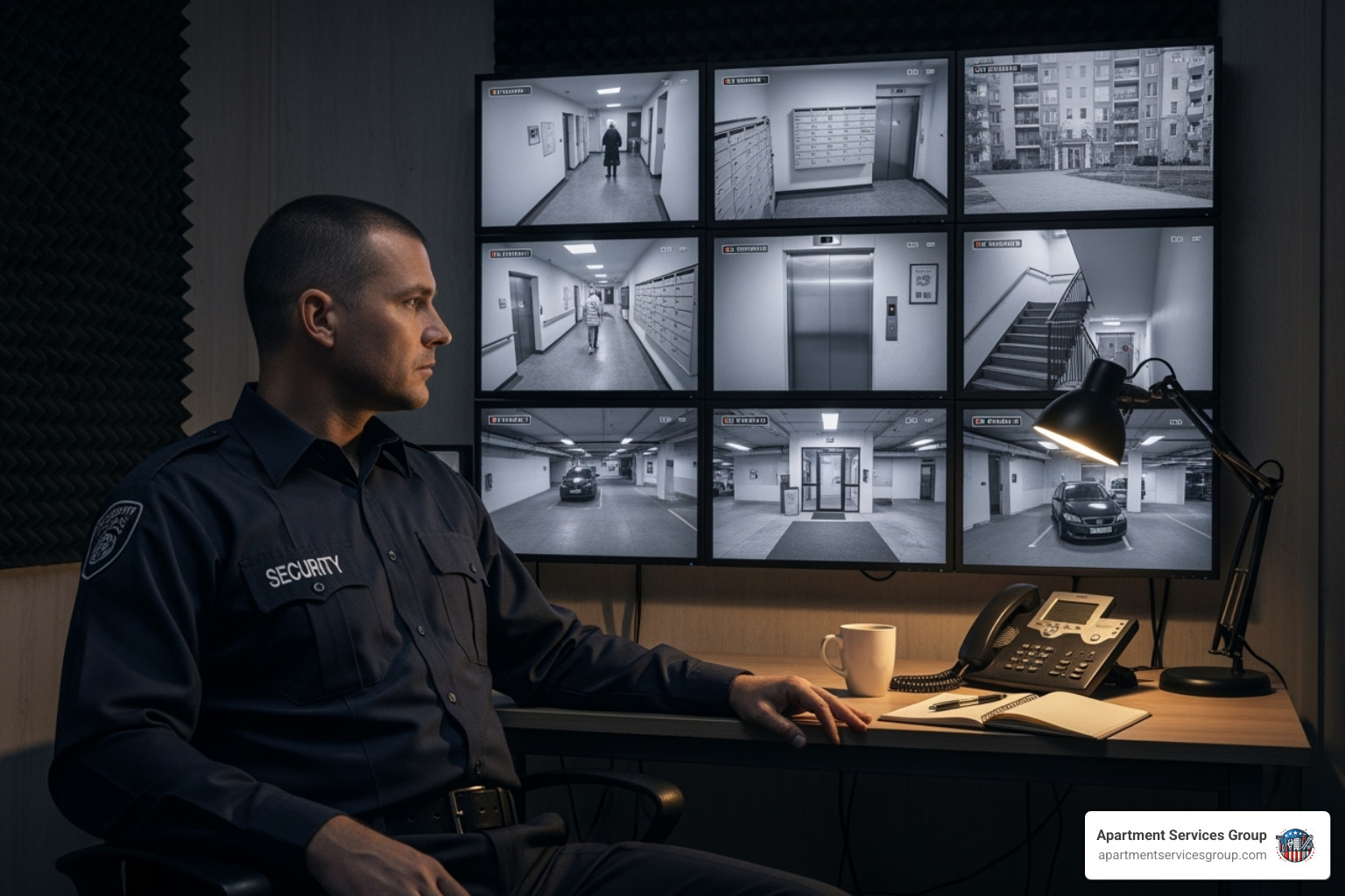 Image of a security guard monitoring CCTV cameras - apartment building security guards