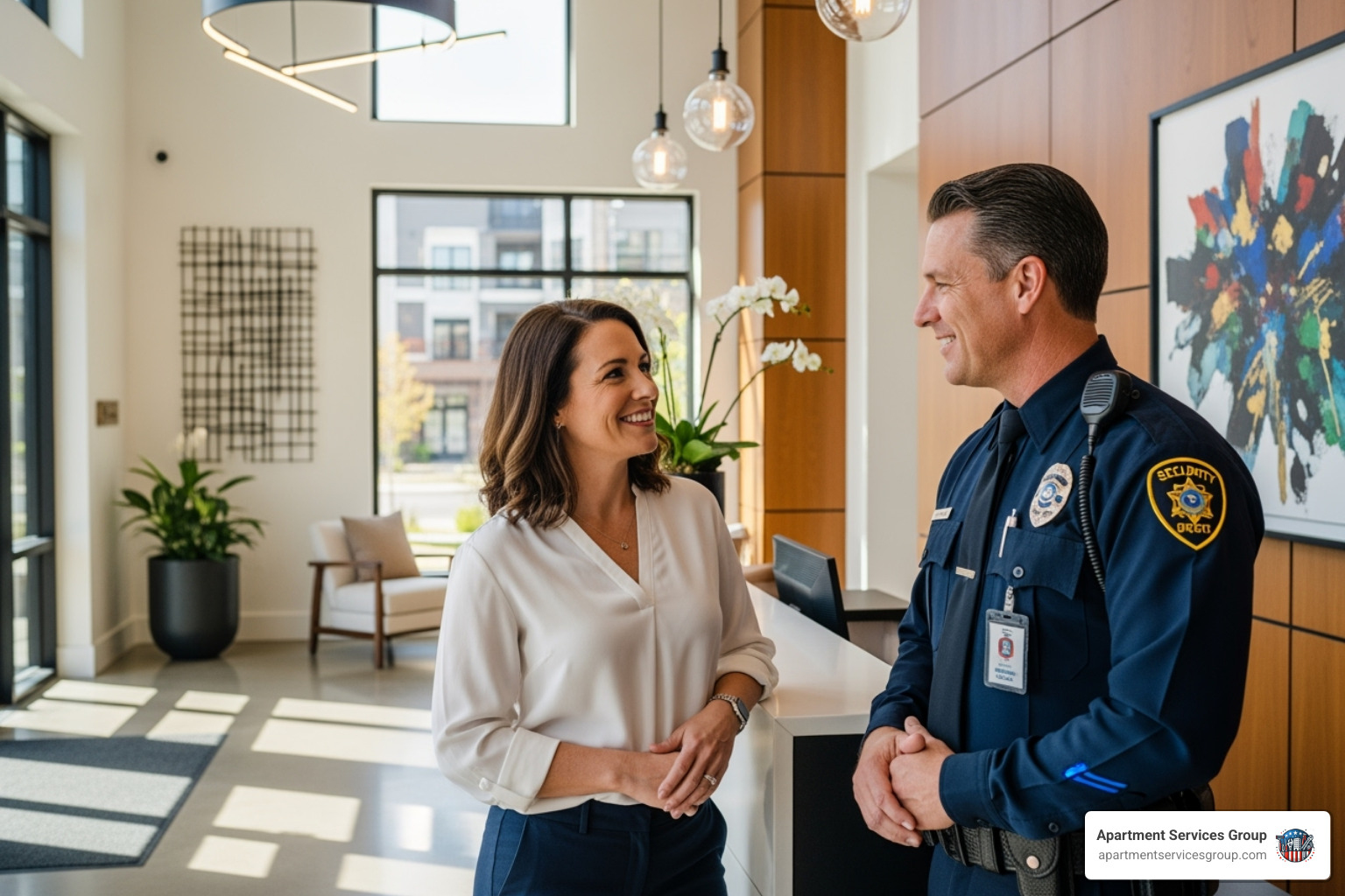 Image of a smiling tenant talking to a friendly security guard in a lobby - apartment building security guards