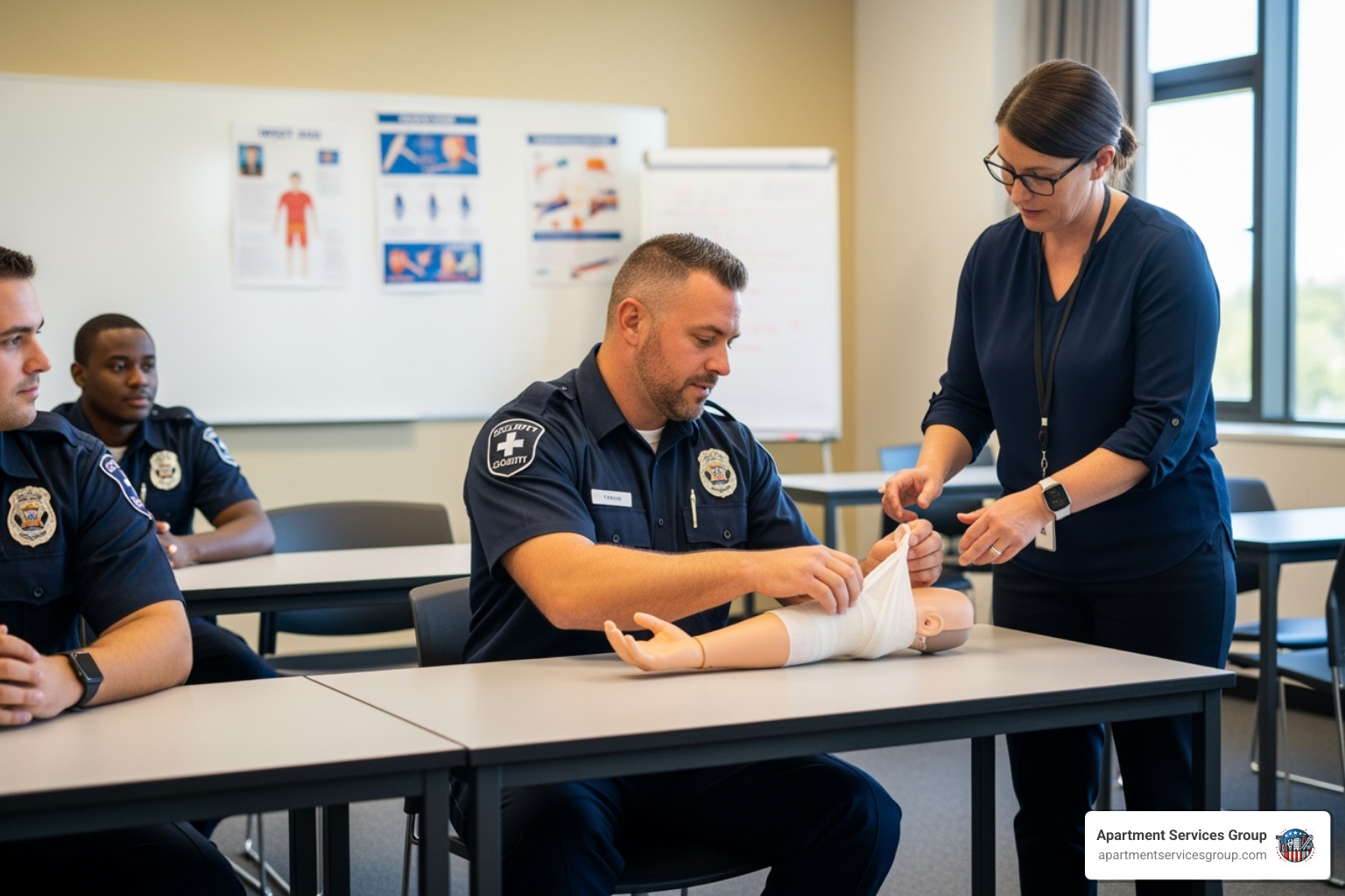 Image of a security guard in a training session - apartment building security guards