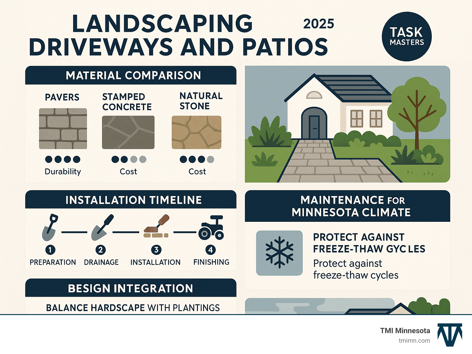 Comprehensive infographic showing the key elements of successful driveway and patio landscaping including material comparison chart, installation timeline, design integration principles, and maintenance requirements for Minnesota climate - landscaping driveways and patios infographic Comprehensive infographic showing the key elements of successful driveway and patio landscaping including material comparison chart, installation timeline, design integration principles, and maintenance requirements for Minnesota climate - landscaping driveways and patios infographic