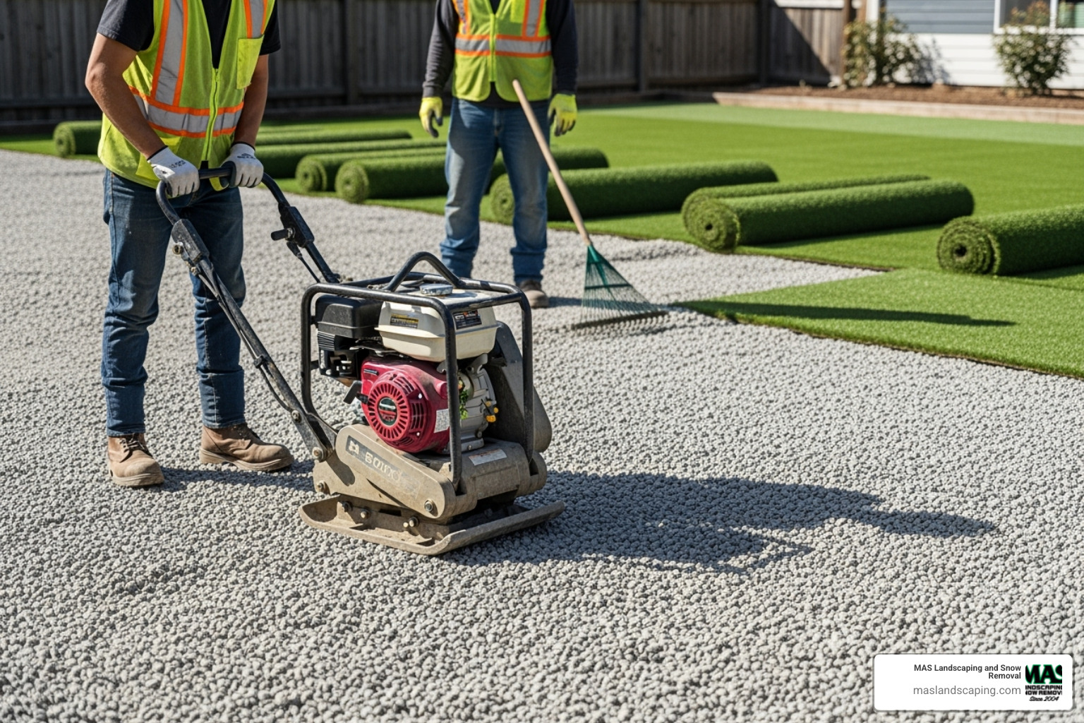 professional crew compacting the sub-base before laying turf - artificial lawn installers
