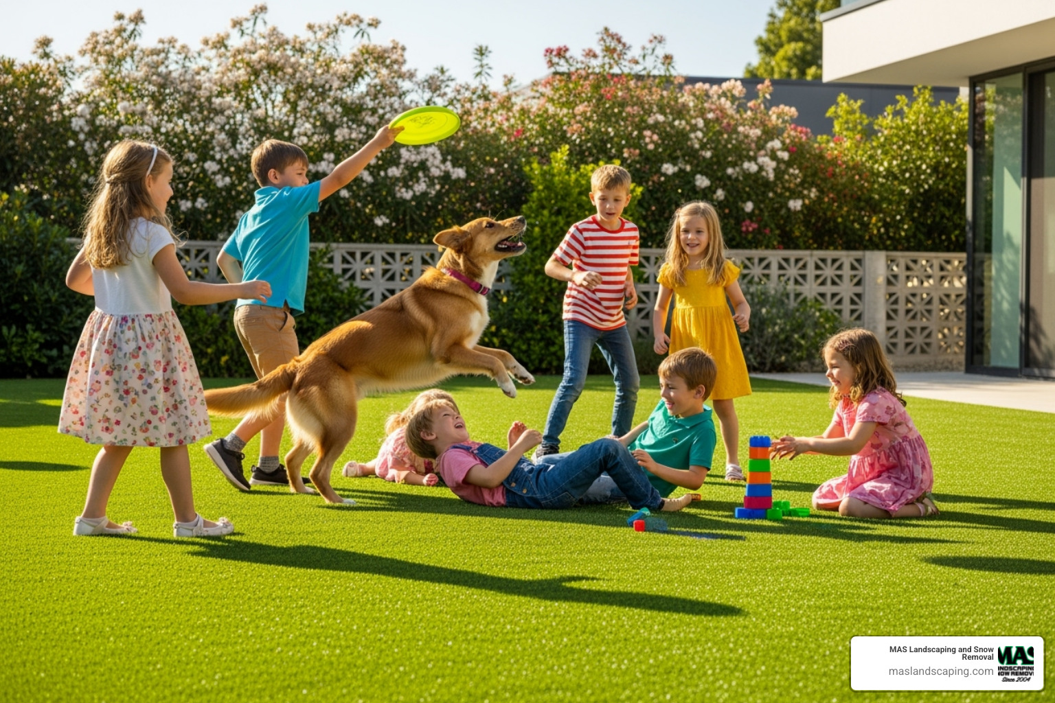 children and a dog playing safely on a clean, mud-free artificial lawn - artificial lawn installers