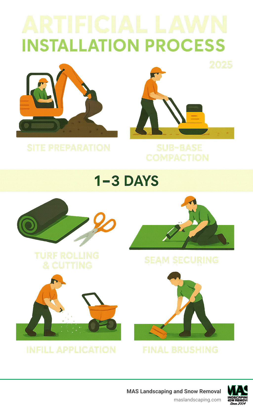 Infographic showing the complete artificial lawn installation process from excavation to final brushing, including site preparation, sub-base compaction, turf rolling and cutting, seam securing, and infill application with timeline of 1-3 days - artificial lawn installers infographic 
