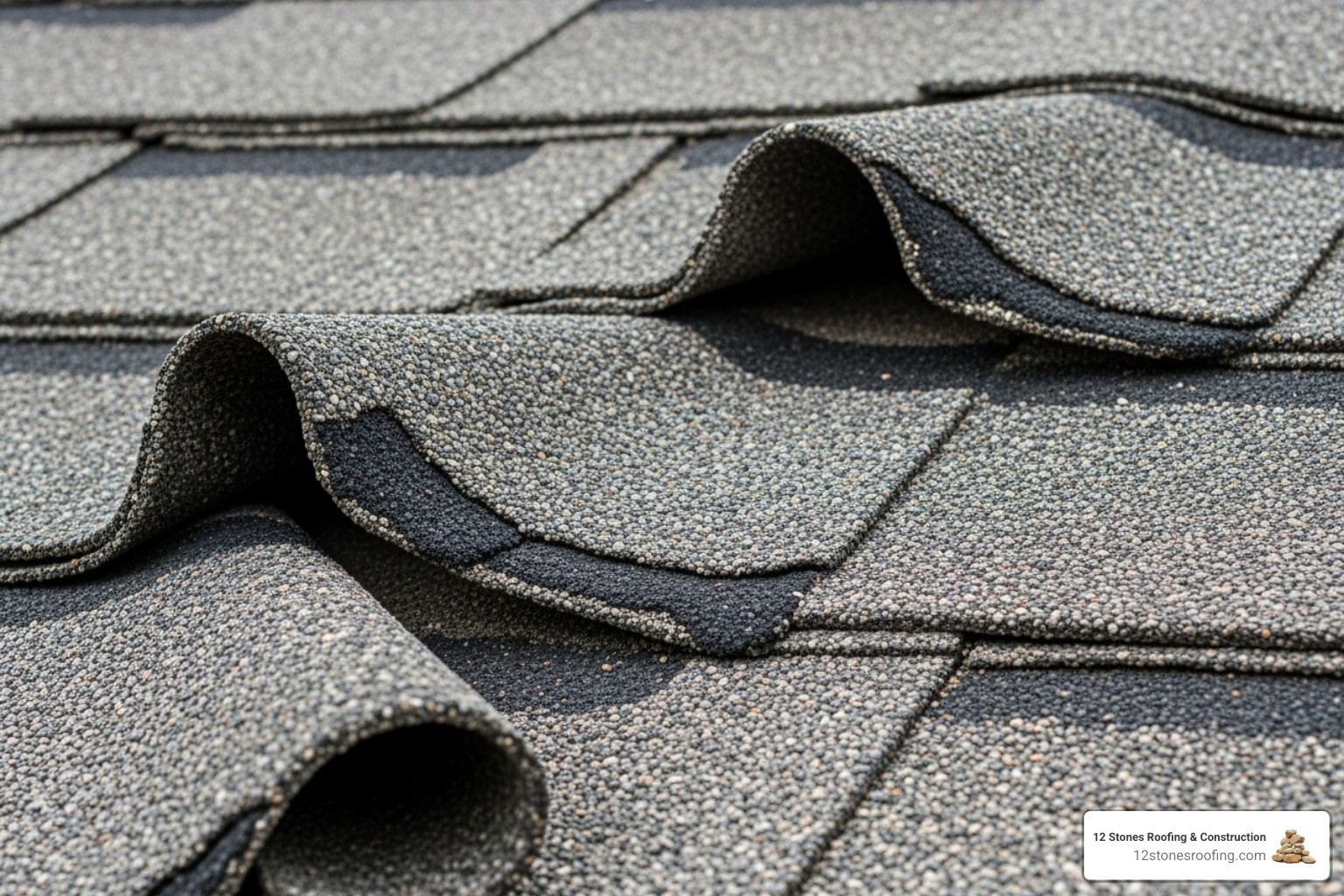 close-up on damaged asphalt shingles, showing curling edges and missing granules. - roofing company near me