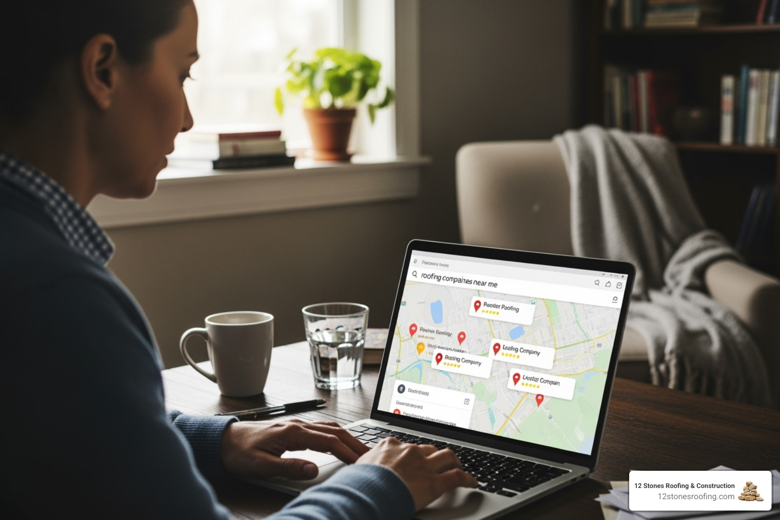homeowner on a laptop searching for local roofers, with a map in the background. - roofing company near me