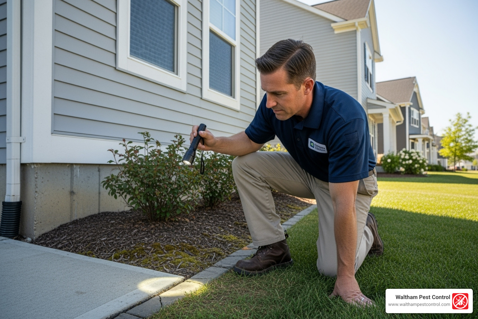 pest control professional inspecting a home's foundation - how to control sugar ants in the house