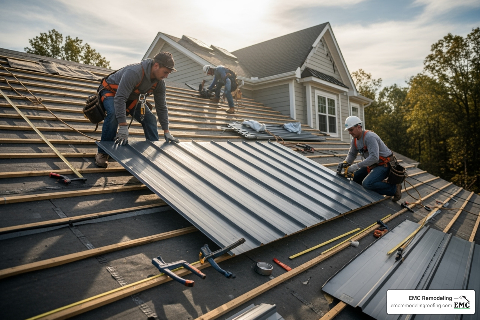 professional crew installing metal roof panel - metal roofing temple tx