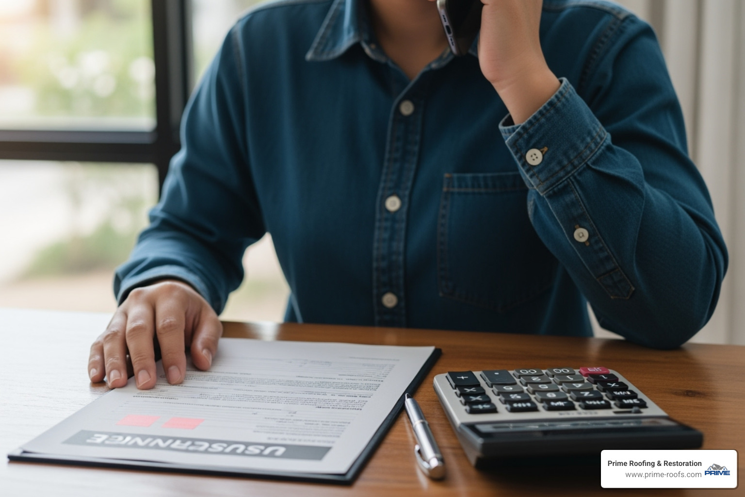 Person on the phone with an insurance document and a calculator - roofing Hoover Al