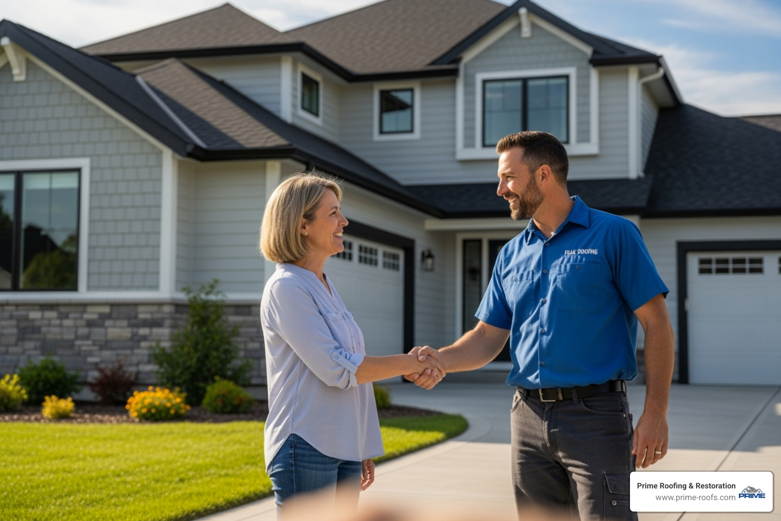 Friendly roofing contractor shaking hands with a smiling homeowner - roofing Hoover Al