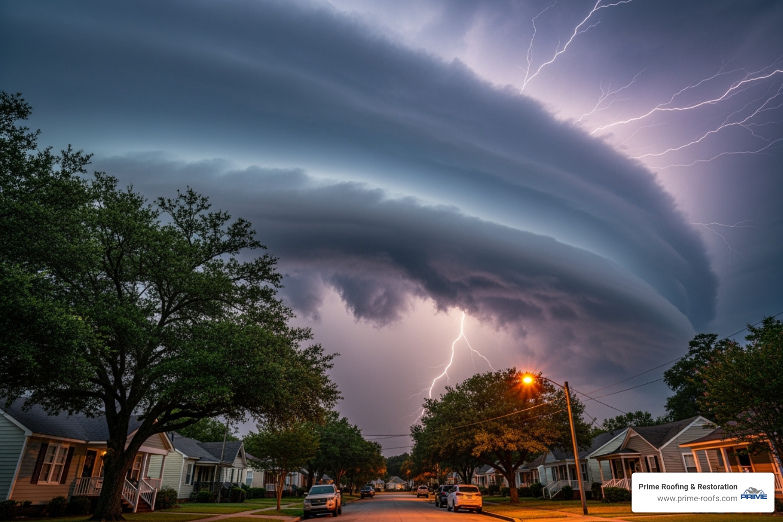 Storm clouds over a residential area in Alabama - roofing Hoover Al