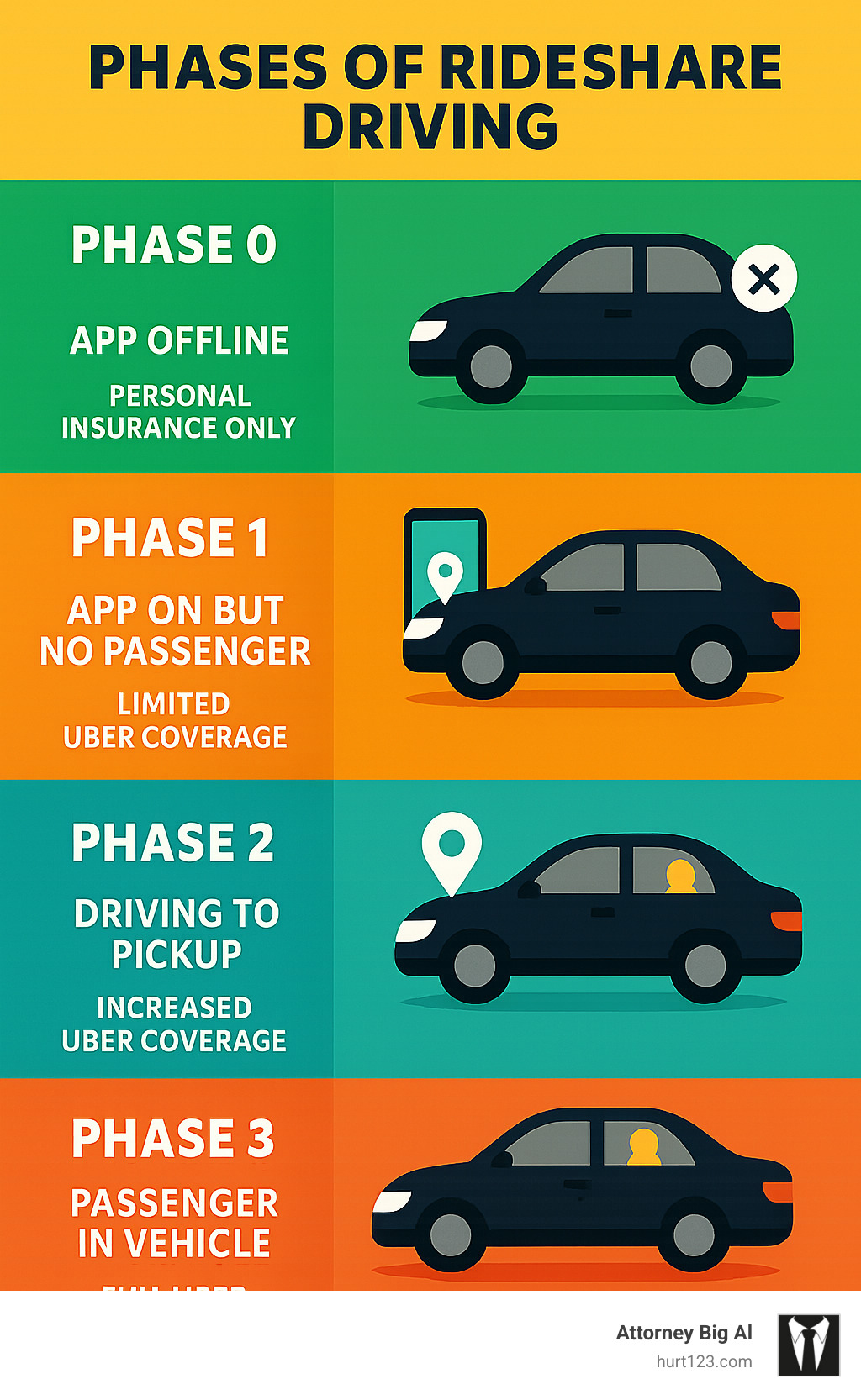 Infographic showing the four phases of rideshare driving: Phase 0 (app offline, personal insurance only), Phase 1 (app on but no passenger, limited Uber coverage), Phase 2 (driving to pickup, increased Uber coverage), and Phase 3 (passenger in vehicle, full Uber commercial coverage up to $1-2 million) - lawyer for uber drivers infographic Infographic showing the four phases of rideshare driving: Phase 0 (app offline, personal insurance only), Phase 1 (app on but no passenger, limited Uber coverage), Phase 2 (driving to pickup, increased Uber coverage), and Phase 3 (passenger in vehicle, full Uber commercial coverage up to $1-2 million) - lawyer for uber drivers infographic