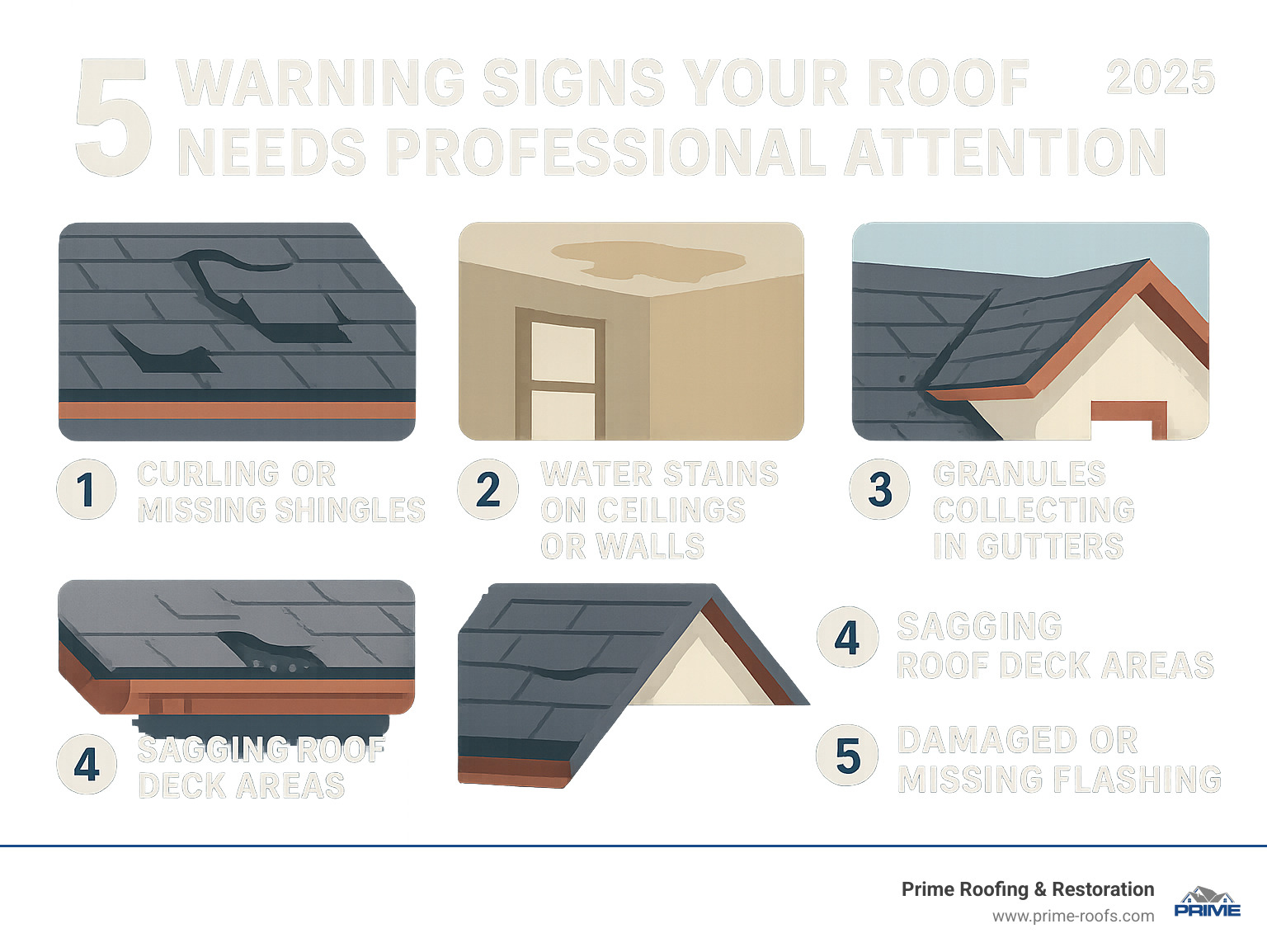 Infographic showing 5 key warning signs that indicate a roof needs professional attention: 1. Curling or missing shingles, 2. Water stains on ceilings or walls, 3. Granules collecting in gutters, 4. Sagging roof deck areas, 5. Damaged or missing flashing around vents and chimneys - roofing Hoover Al infographic 