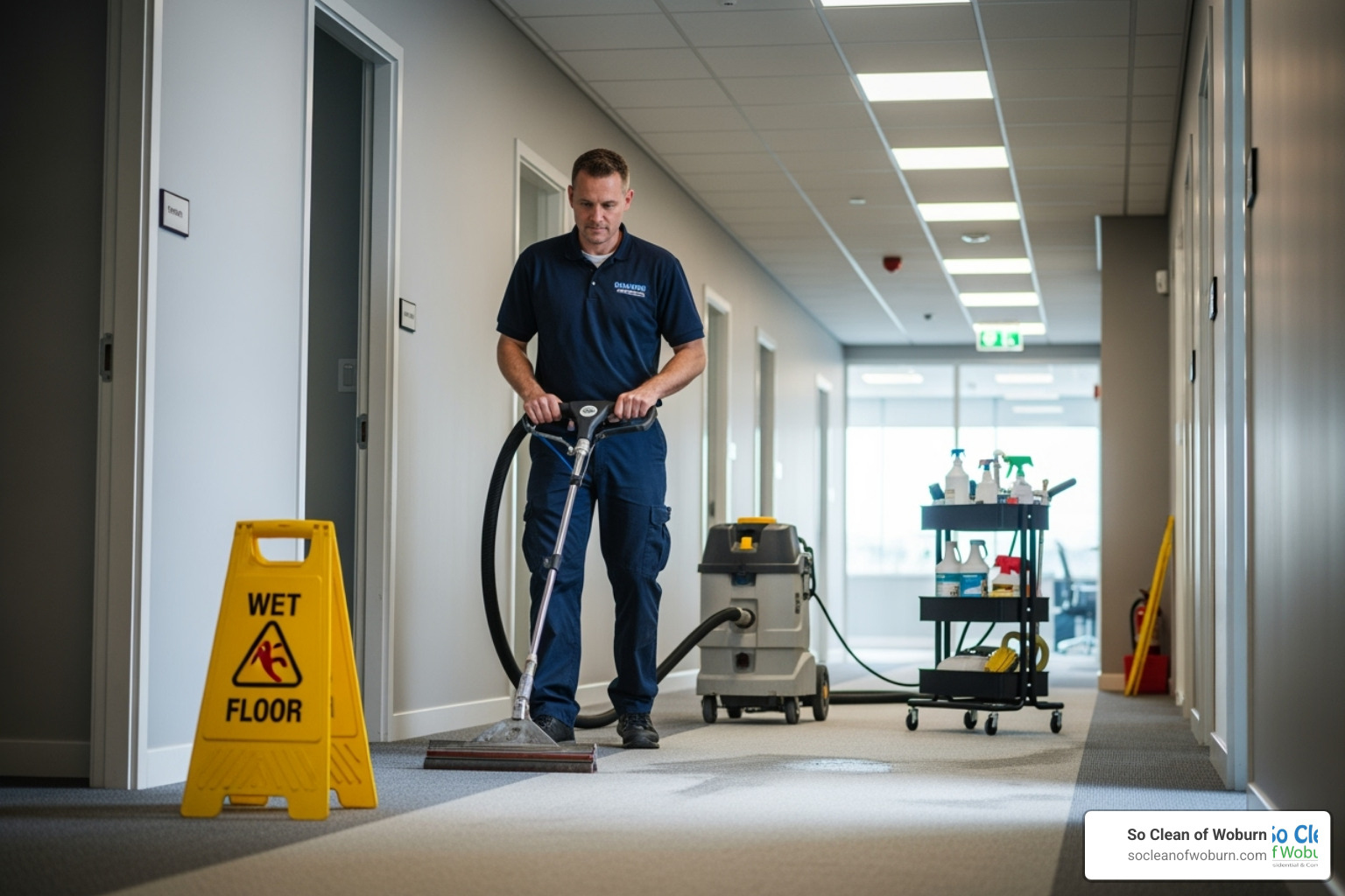 technician professionally cleaning office hallway - commercial carpet cleaning near me