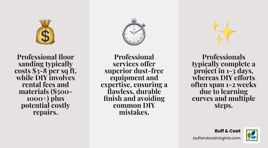 Comprehensive comparison infographic showing Professional vs DIY floor sanding across key factors: cost breakdown showing professional $3-8 per sq ft vs DIY $2-4 per sq ft plus hidden costs, time comparison of 1-3 days professional vs 1-2 weeks DIY, equipment quality showing 220v professional sanders vs 110v rental units, skill level requirements, finish quality and longevity differences, and overall value proposition - hire someone to sand floors infographic 3_facts_emoji_grey Comprehensive comparison infographic showing Professional vs DIY floor sanding across key factors: cost breakdown showing professional $3-8 per sq ft vs DIY $2-4 per sq ft plus hidden costs, time comparison of 1-3 days professional vs 1-2 weeks DIY, equipment quality showing 220v professional sanders vs 110v rental units, skill level requirements, finish quality and longevity differences, and overall value proposition - hire someone to sand floors infographic 3_facts_emoji_grey