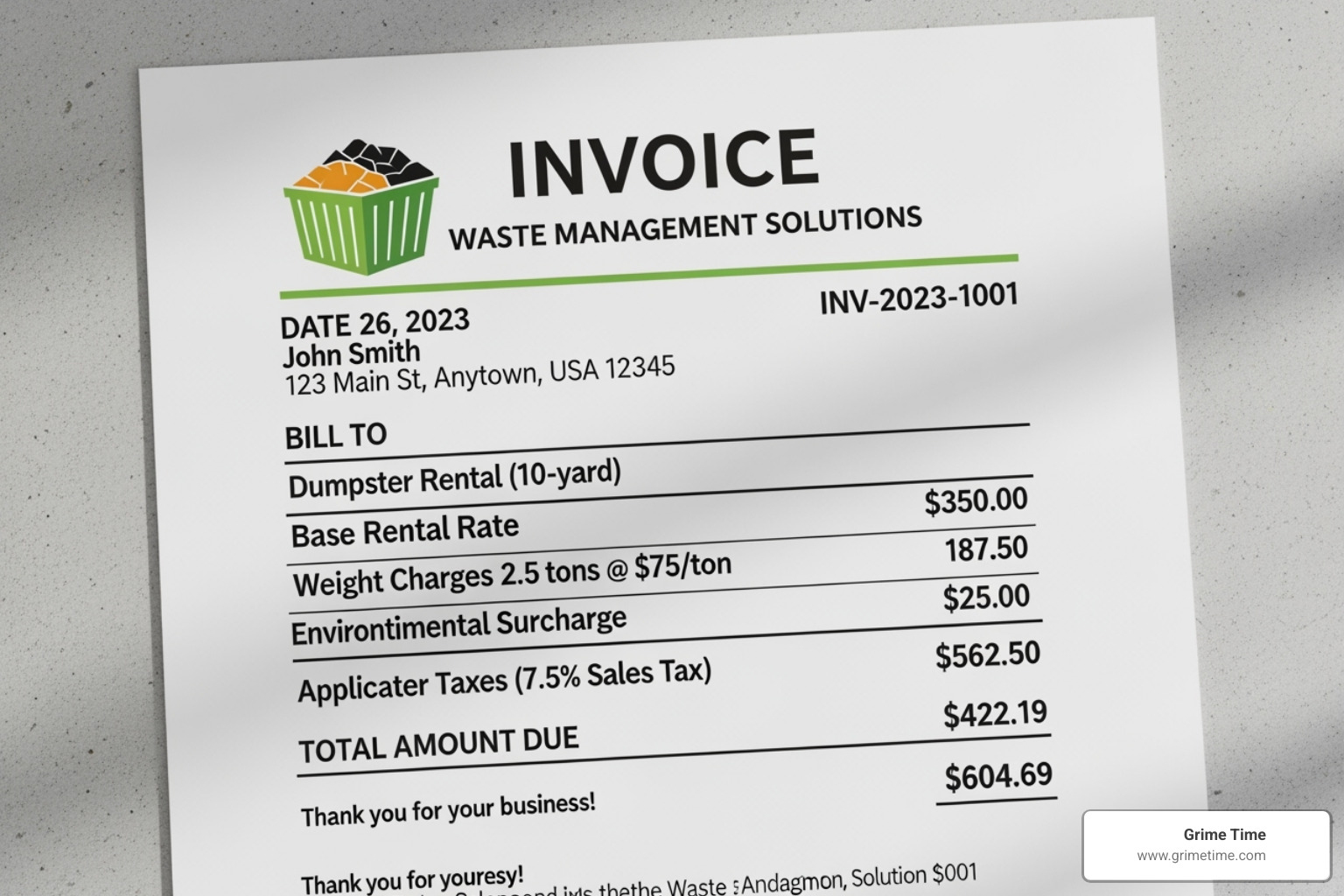 Sample dumpster rental invoice highlighting key cost areas like base rate, weight, and taxes - Dumpster rental guide