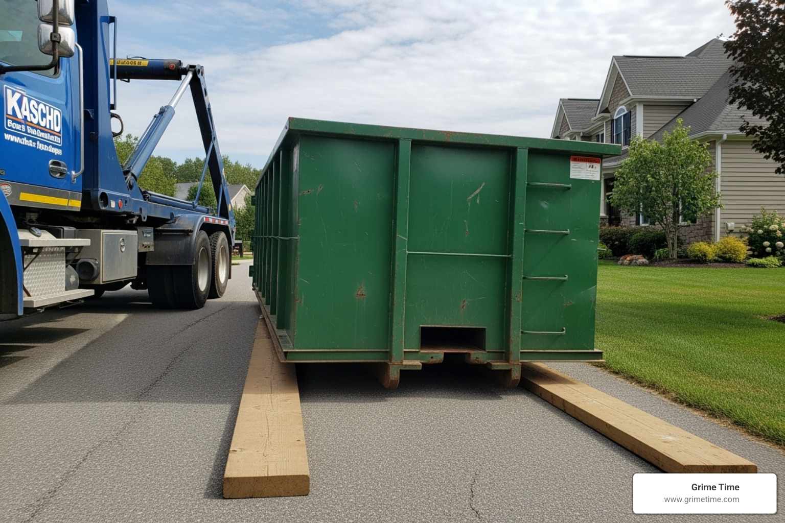 Dumpster delivery truck safely placing a bin on wooden planks on a driveway - Dumpster rental guide