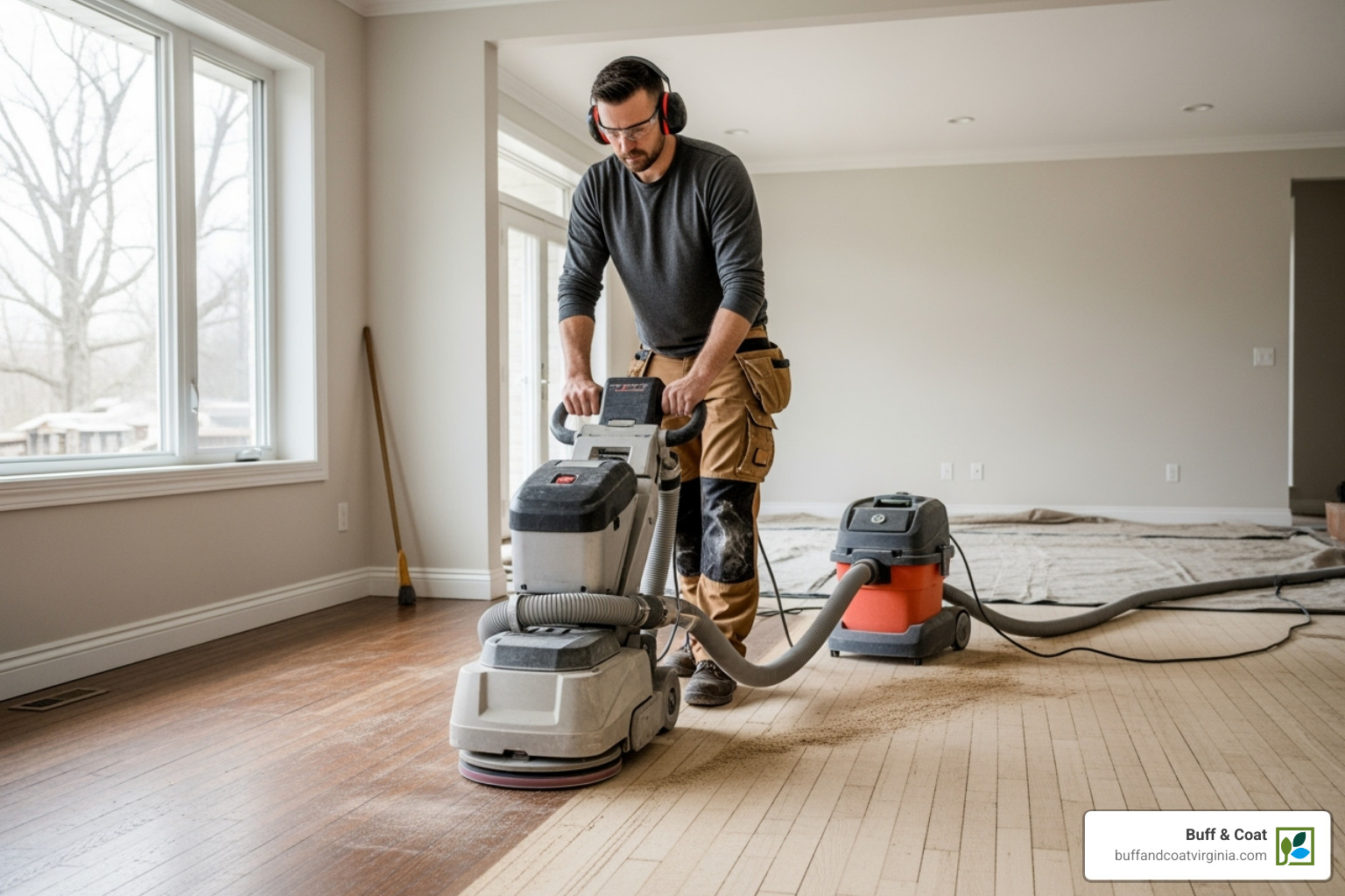 Professional flooring contractor using a modern, dustless sanding machine - hire someone to sand floors Professional flooring contractor using a modern, dustless sanding machine - hire someone to sand floors