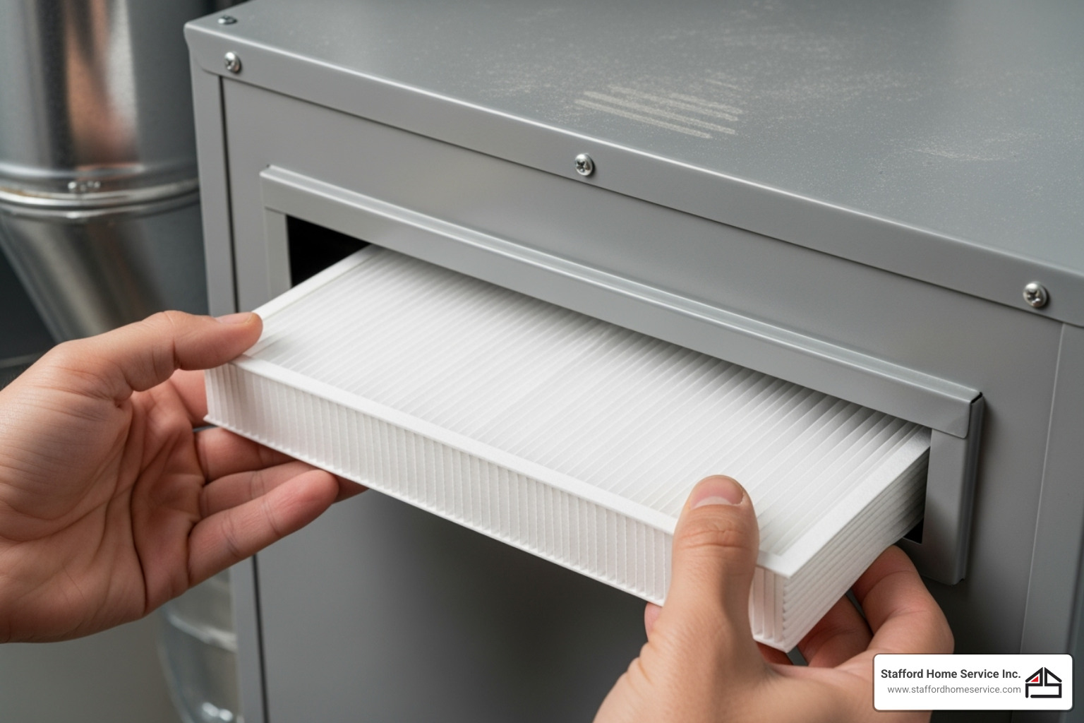 person sliding clean air filter into hvac unit - air conditioner ac repair