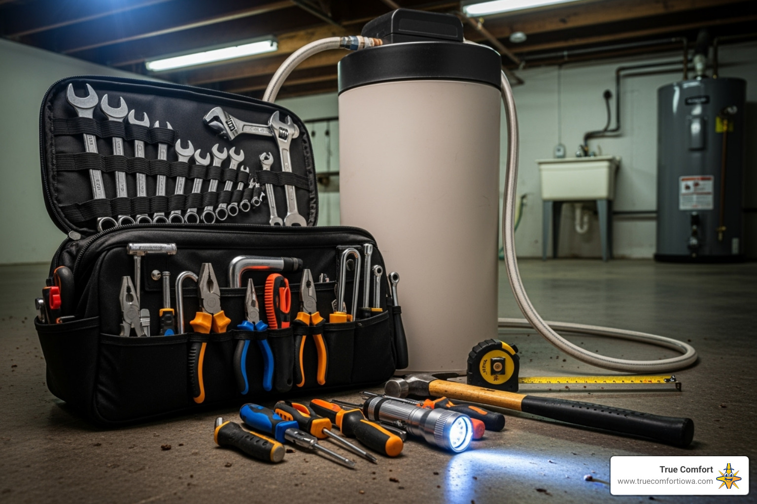 Toolkit next to a water softener - water softener leak repair