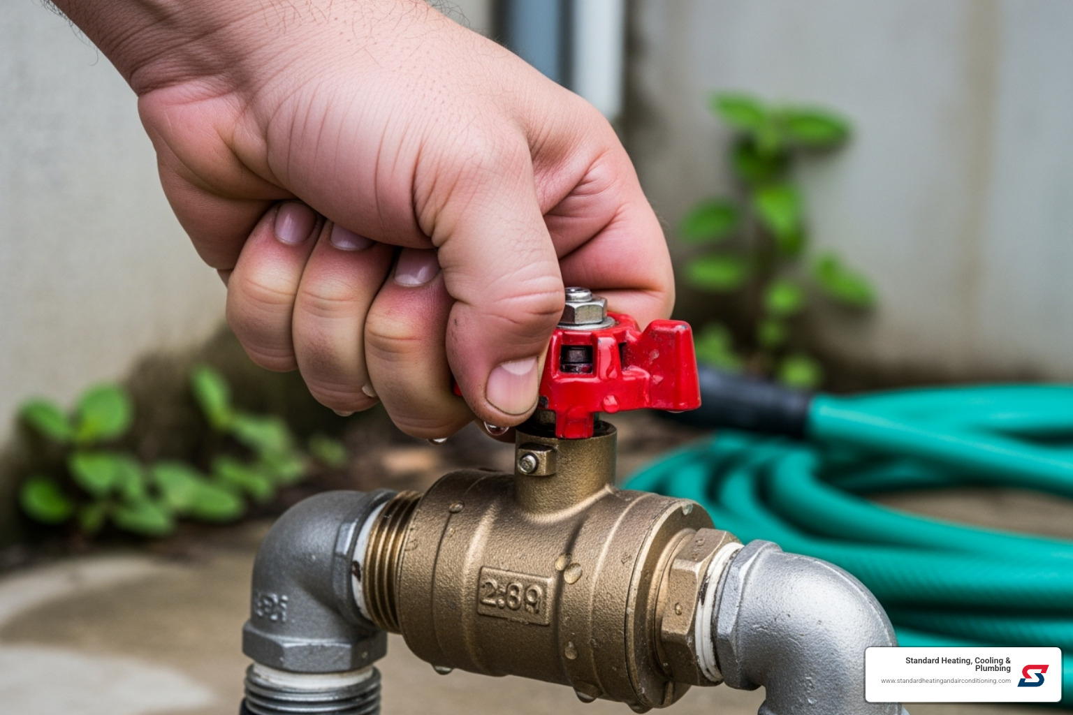 hand turning a main water shut-off valve - main water pipe leak