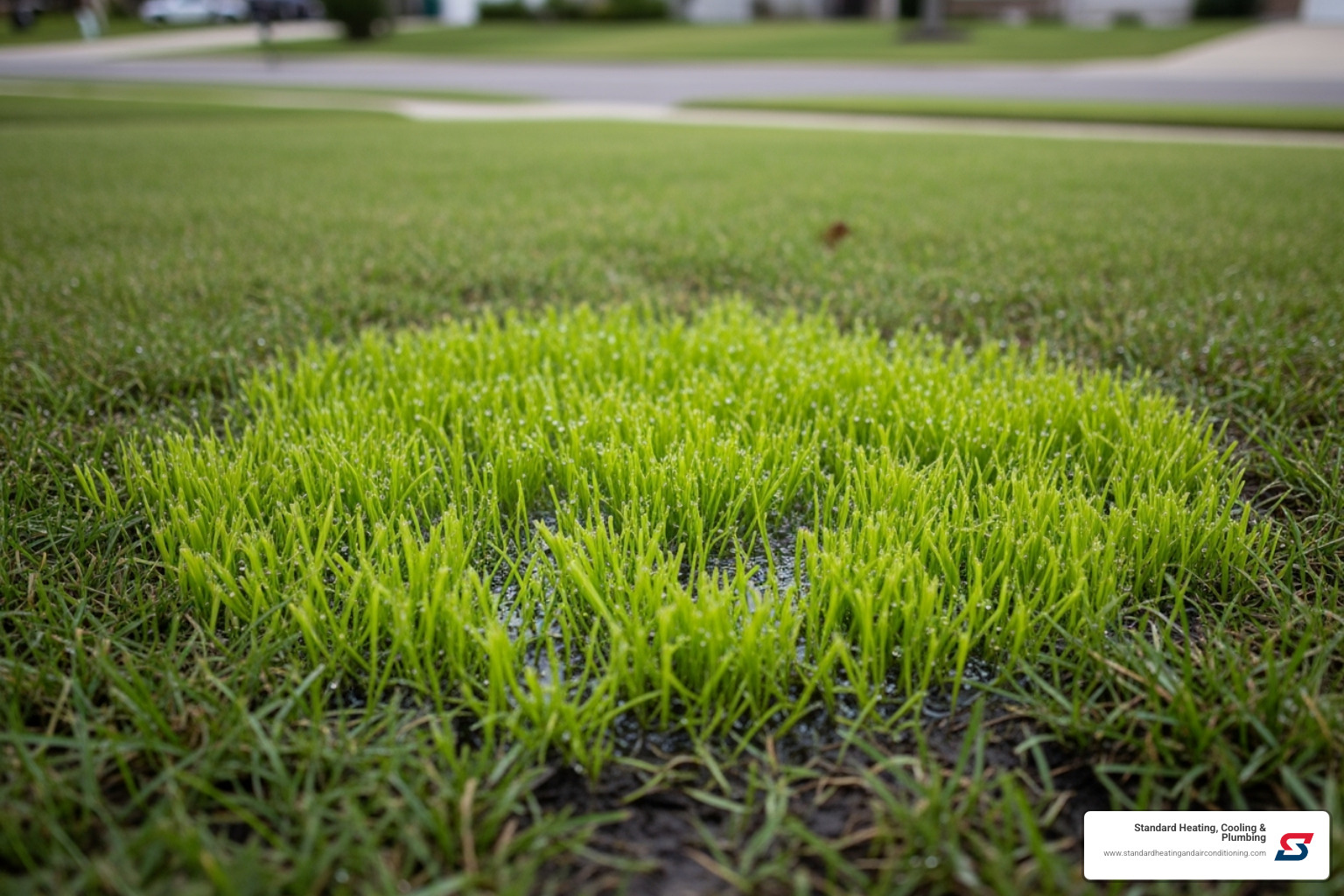 soggy, unusually green patch of grass in a yard - main water pipe leak