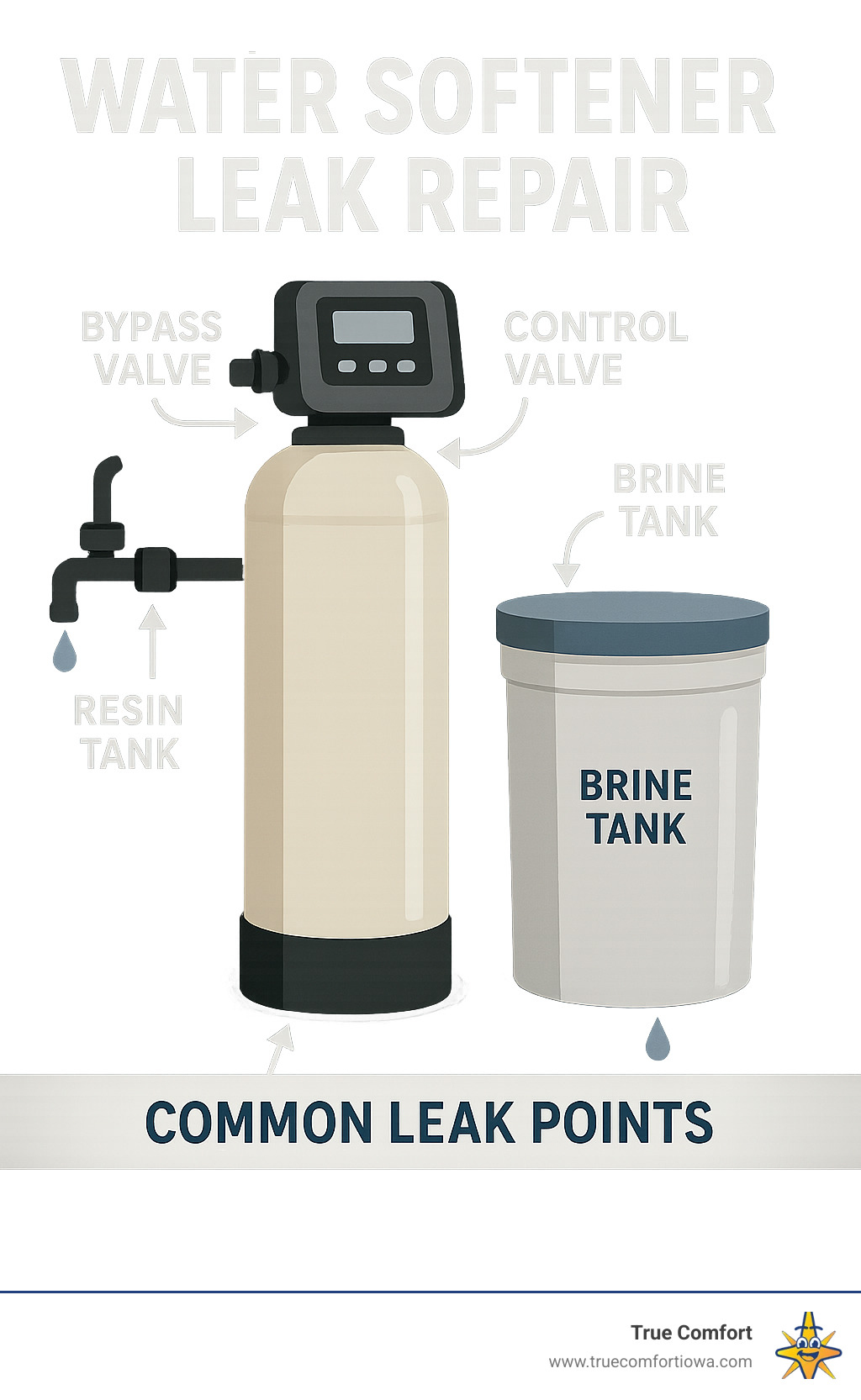Infographic showing water softener components including resin tank, brine tank, control valve, bypass valve, and common leak points with arrows indicating where leaks typically occur - water softener leak repair infographic 