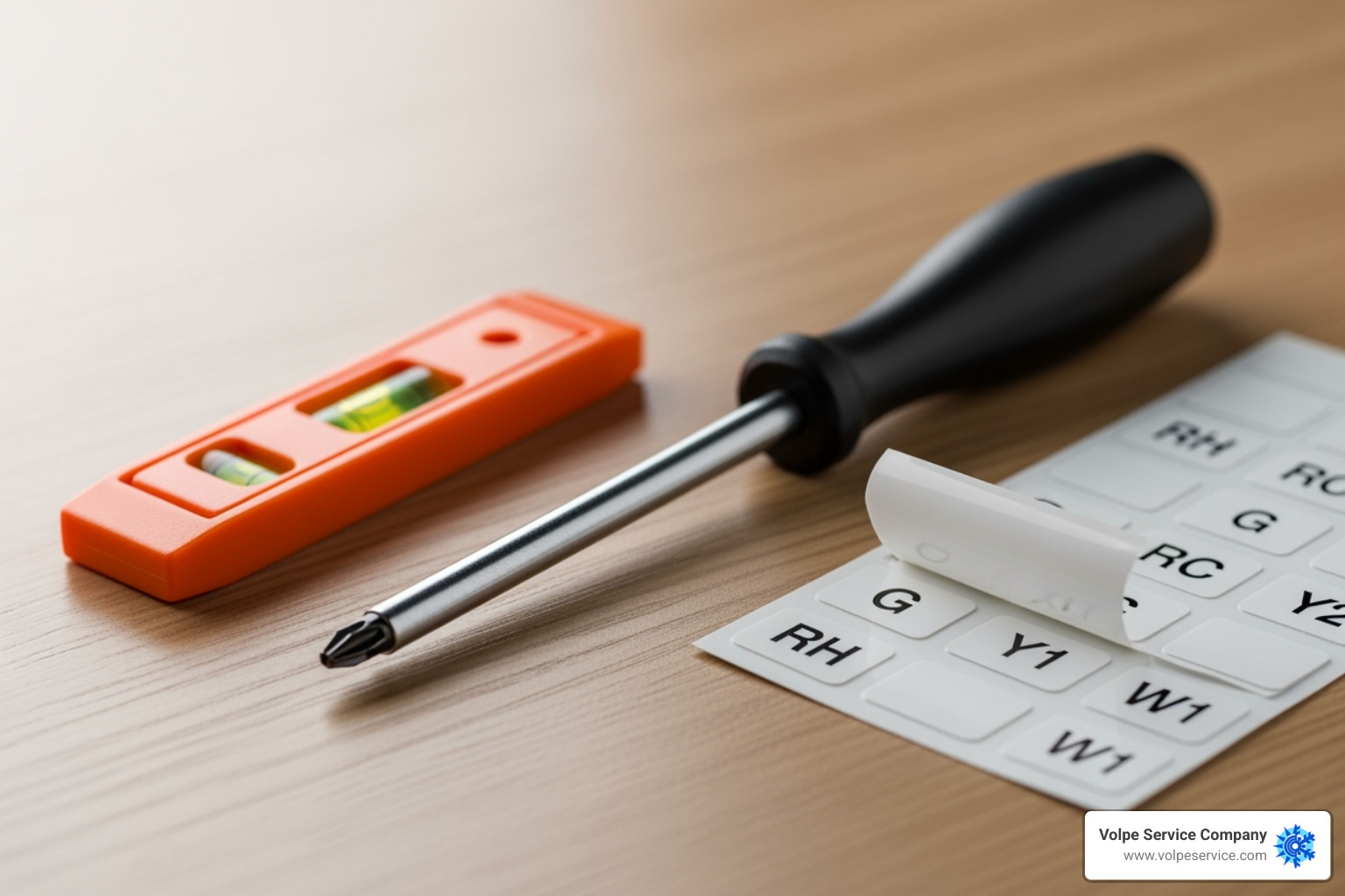 Tools for smart thermostat installation including screwdriver, level, and wire labels - Smart thermostat installation