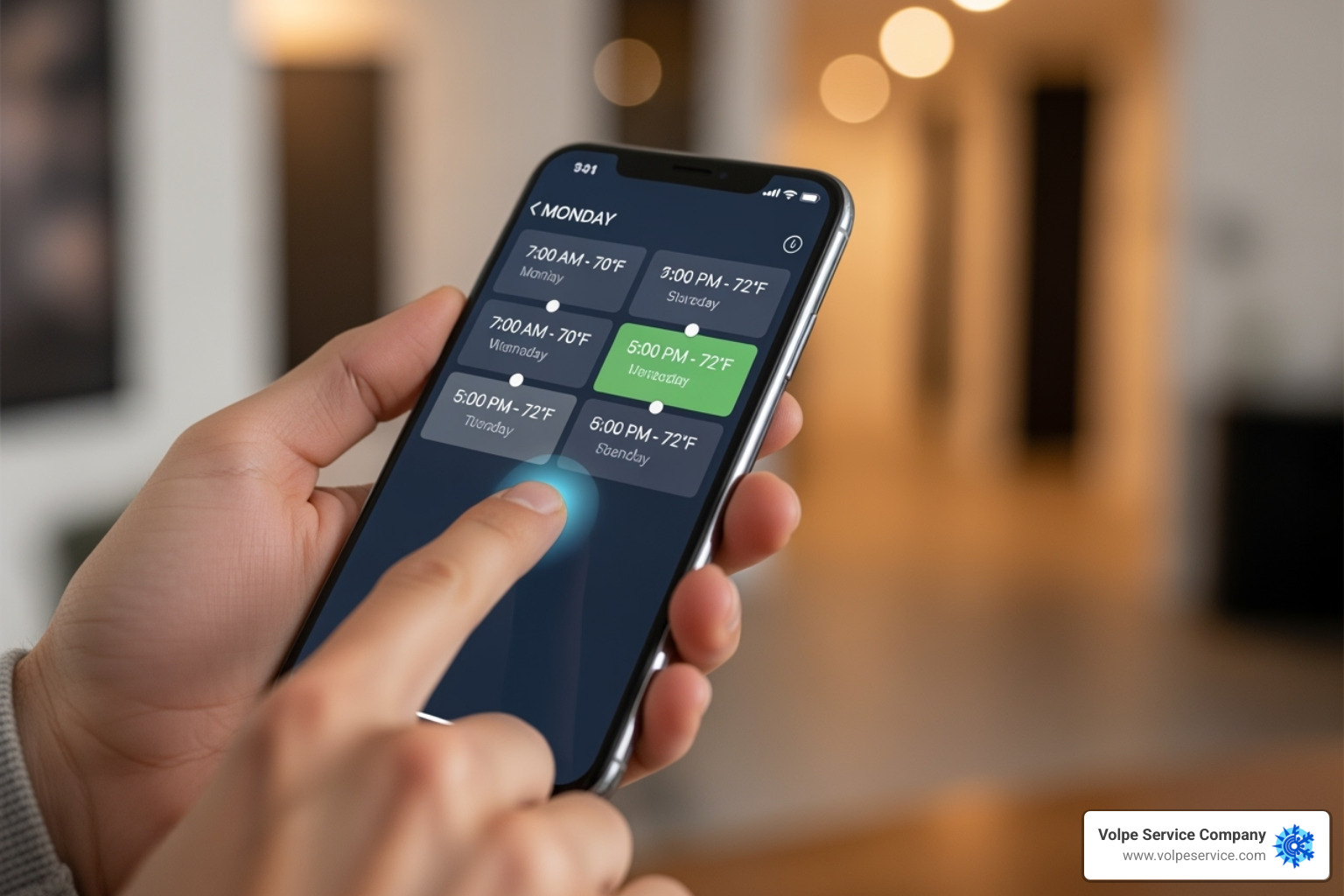 Person using a smartphone to set a schedule on their smart thermostat app - Smart thermostat installation