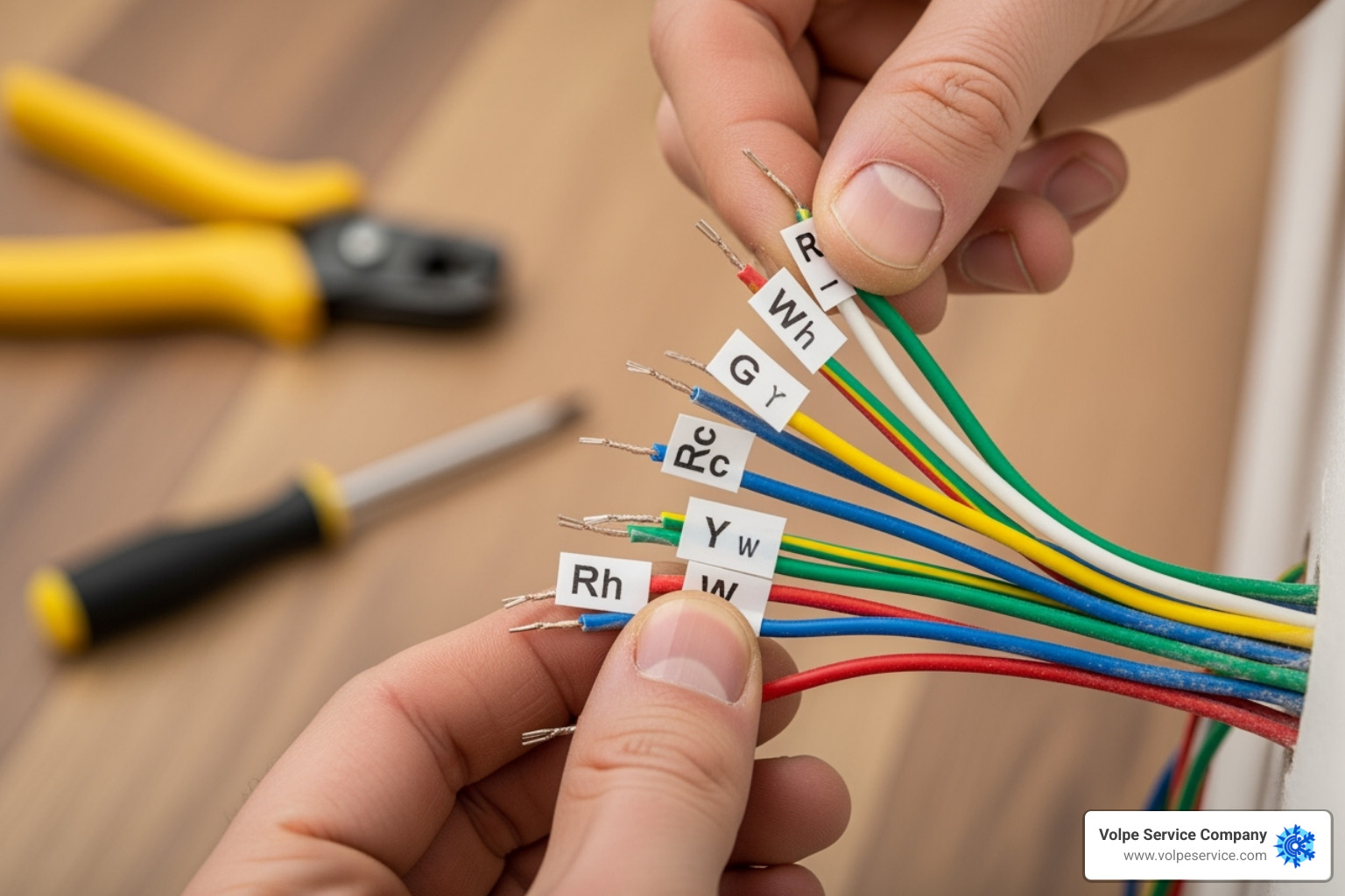 Hands carefully labeling thermostat wires before disconnecting them - Smart thermostat installation