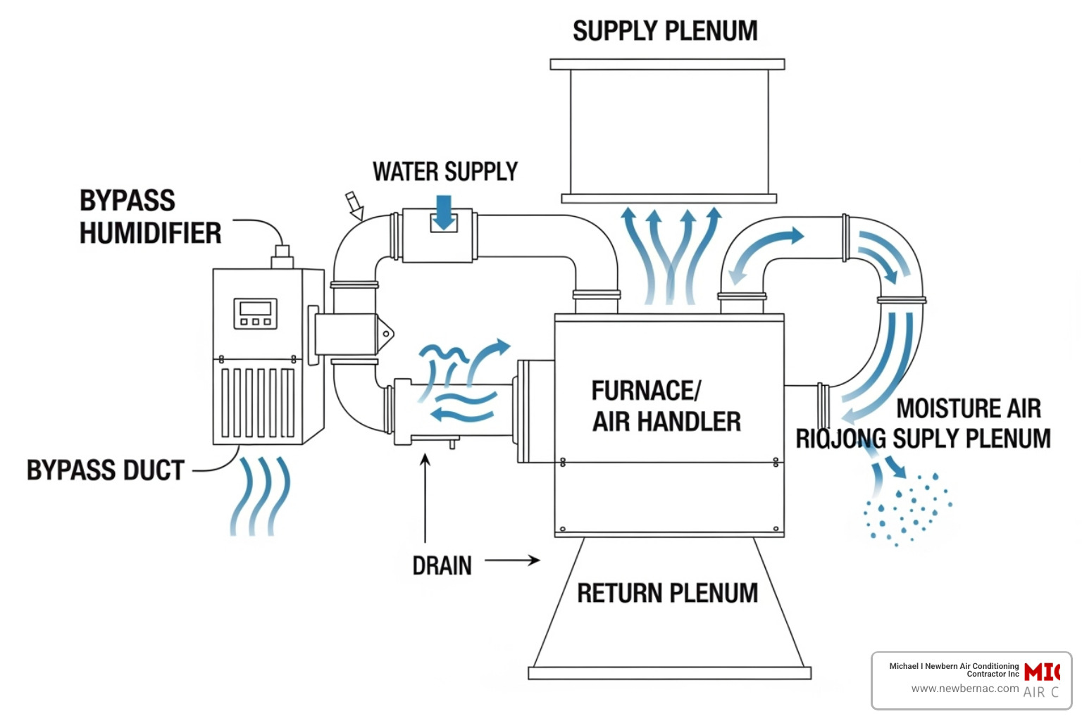 Diagram showing how a bypass humidifier connects to a home's ductwork - Whole house humidifier