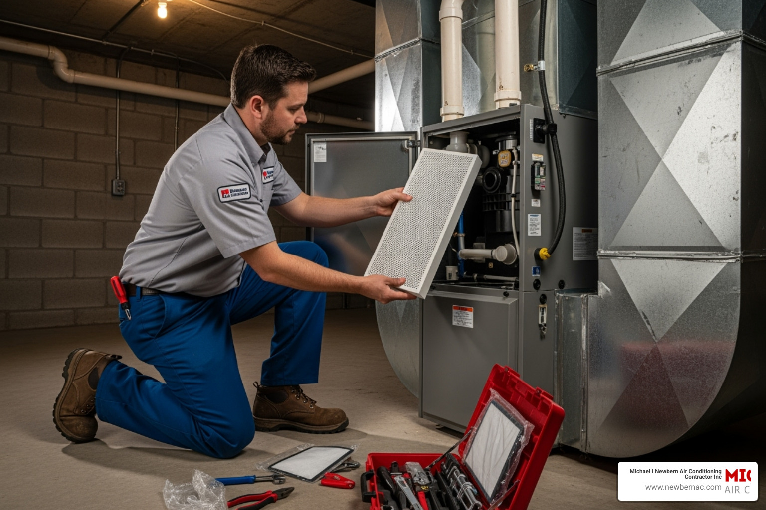 HVAC technician replacing a humidifier water panel during a service visit - Whole house humidifier