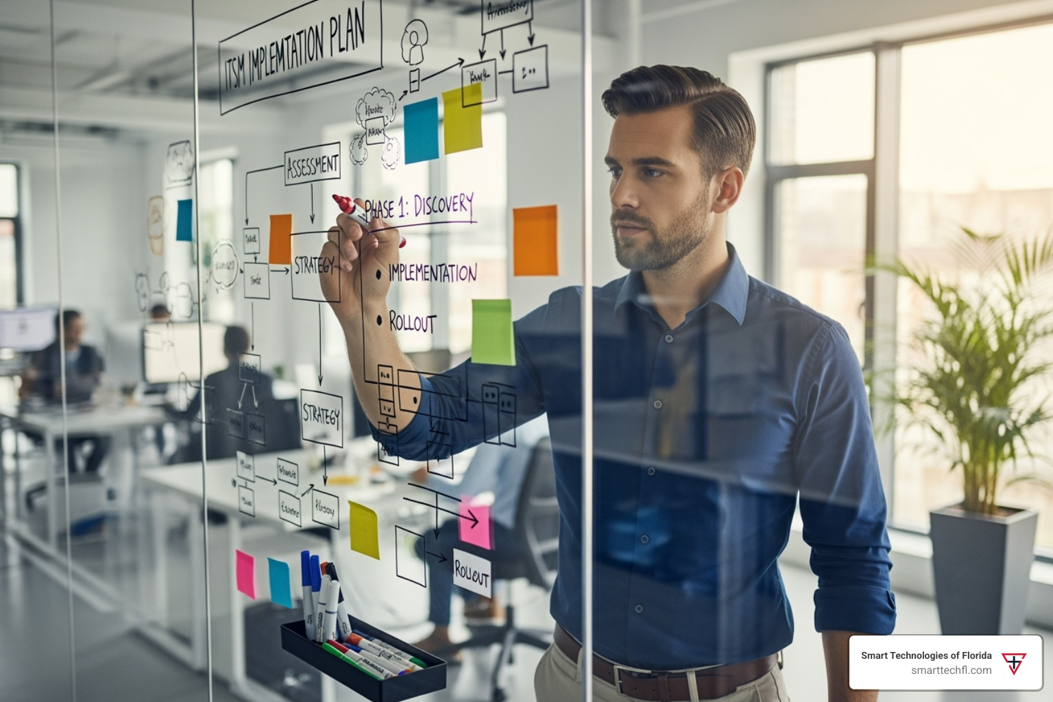 a project manager outlining an ITSM implementation plan on a glass wall - IT service management solutions