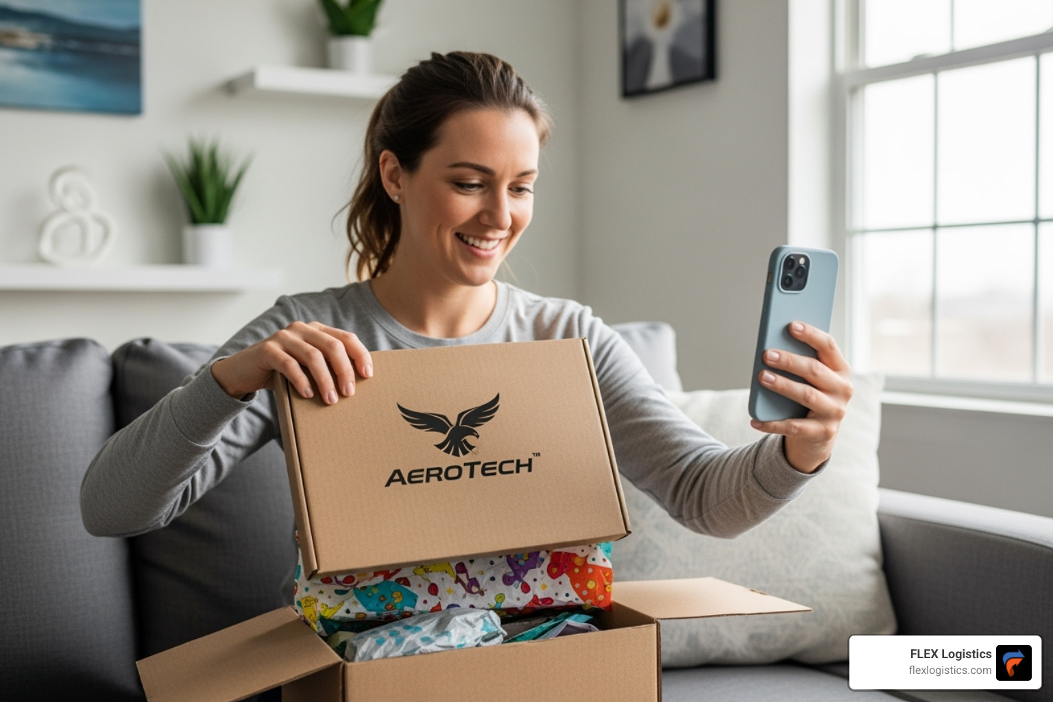 A customer happily unboxing a custom-branded package and sharing it on social media - How Custom Packaging Can Strengthen Your Brand in Logistics