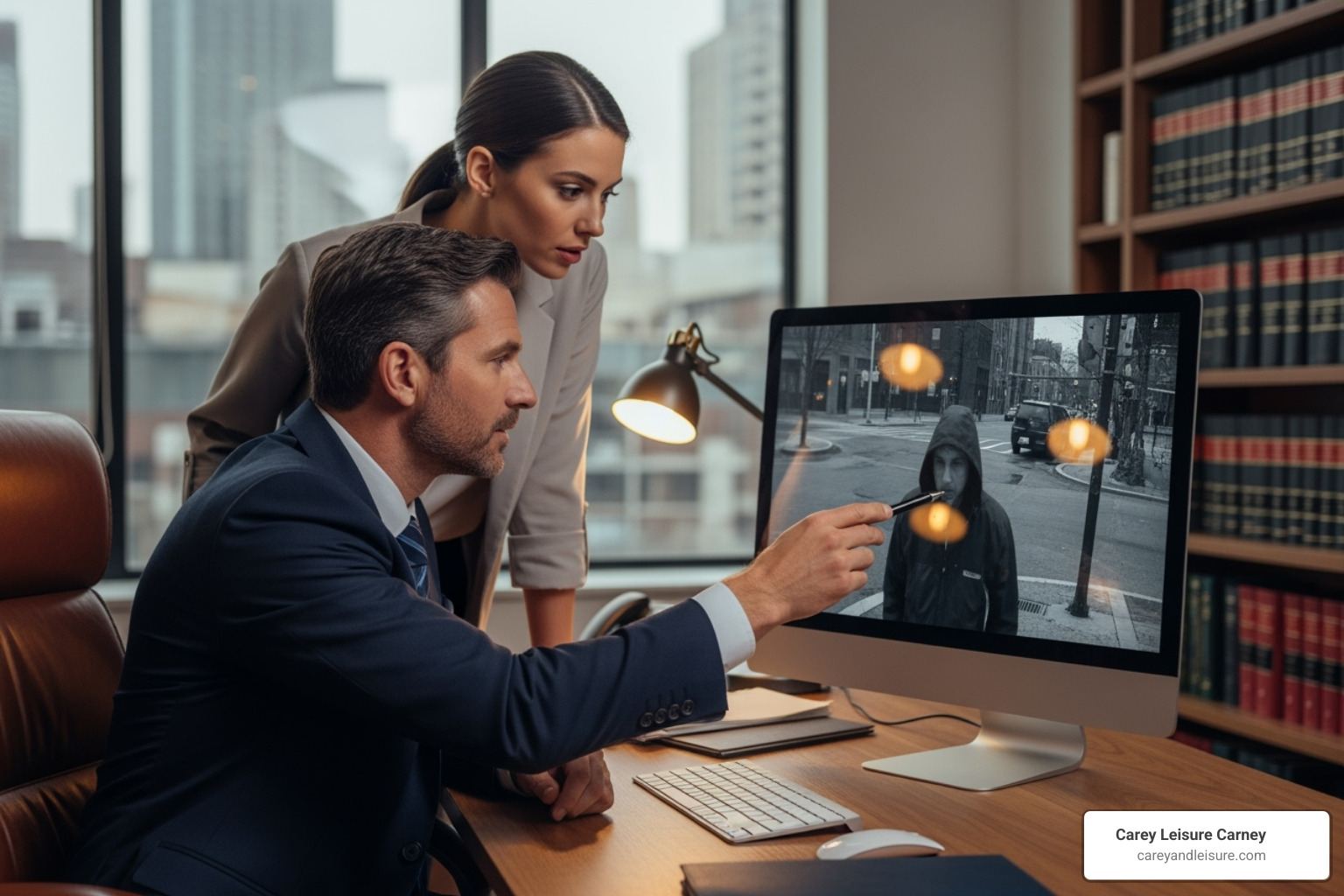 Lawyer reviewing evidence like surveillance footage with a client - negligent security lawyer Lawyer reviewing evidence like surveillance footage with a client - negligent security lawyer