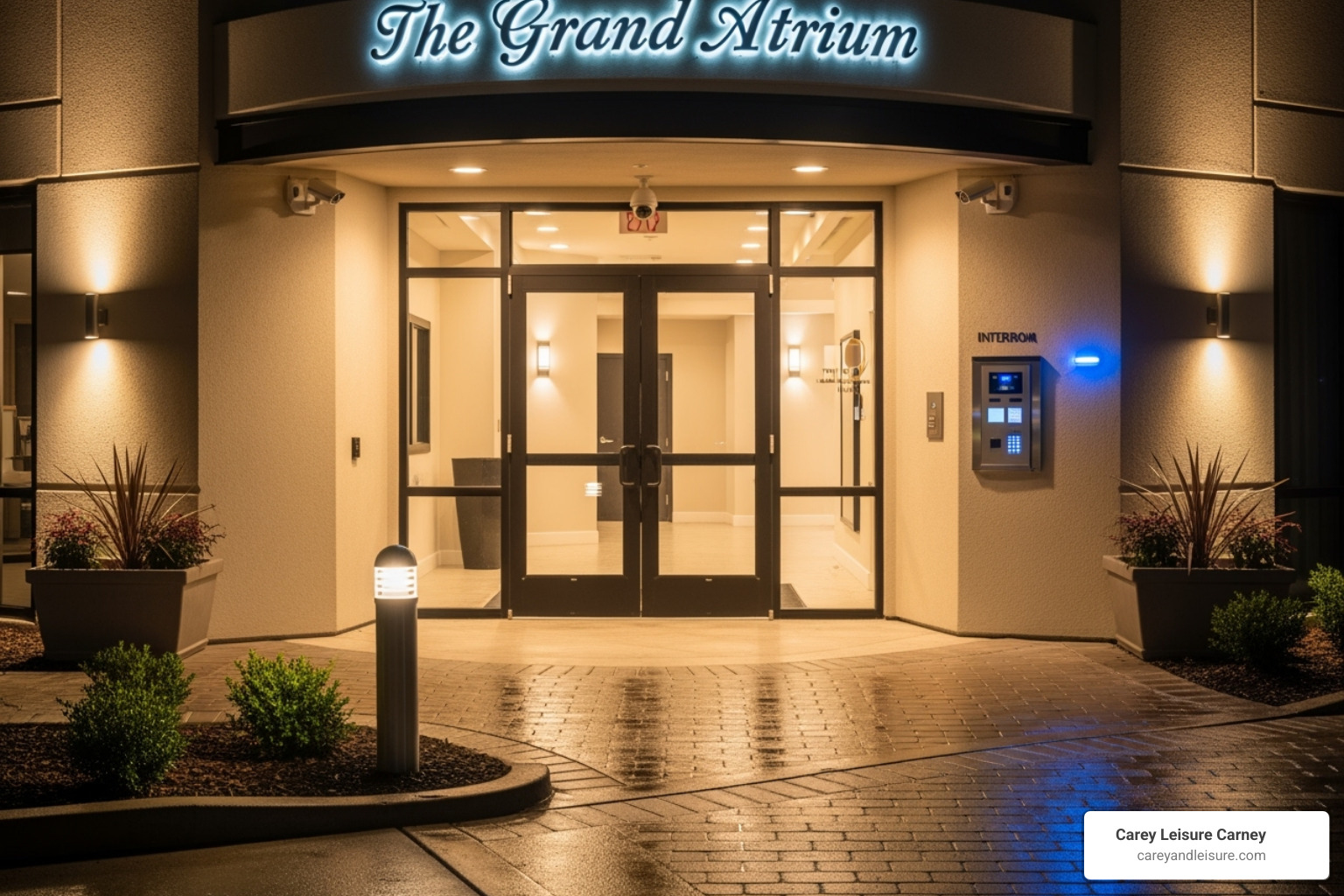 Well-lit, secure commercial property entrance - negligent security lawyer Well-lit, secure commercial property entrance - negligent security lawyer