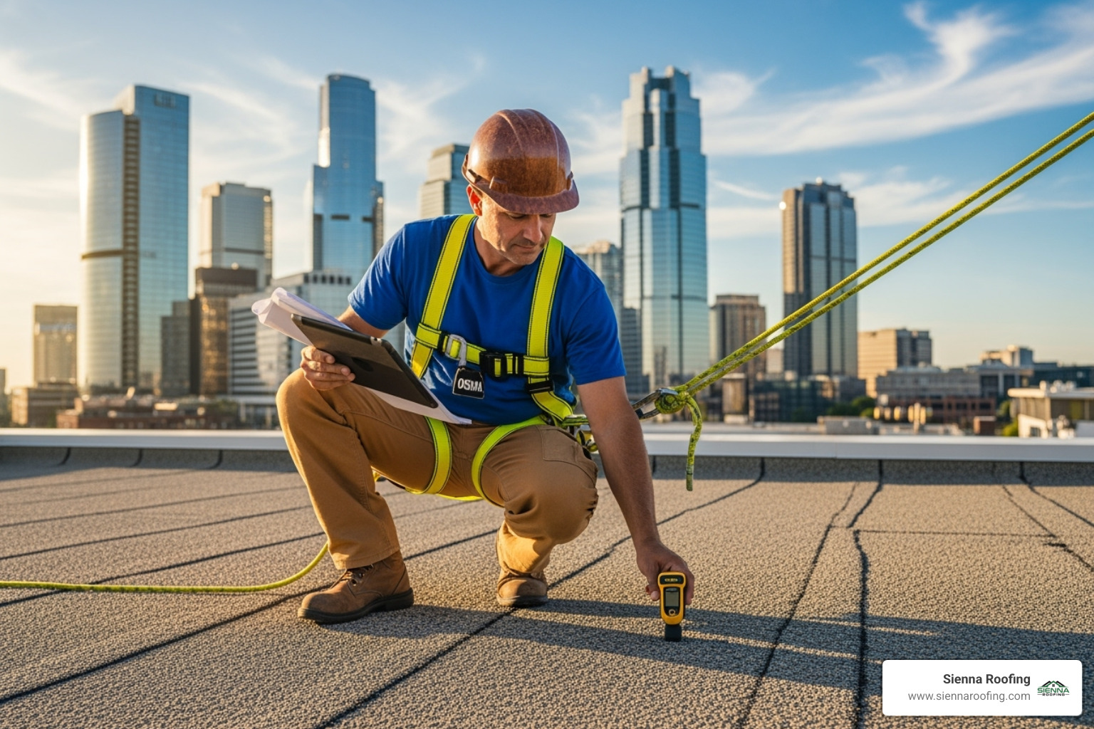 roofing professional conducting a commercial roof inspection - commercial roofing Sugar Land