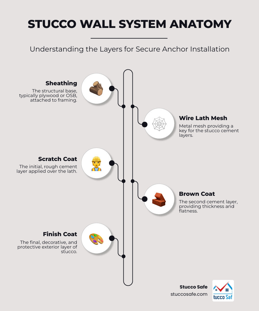 Infographic showing cross-section of stucco wall system with three cement coat layers applied over wire lath mesh attached to wood sheathing, demonstrating proper anchor penetration depth - how to install anchors in stucco infographic infographic-line-5-steps-neat_beige