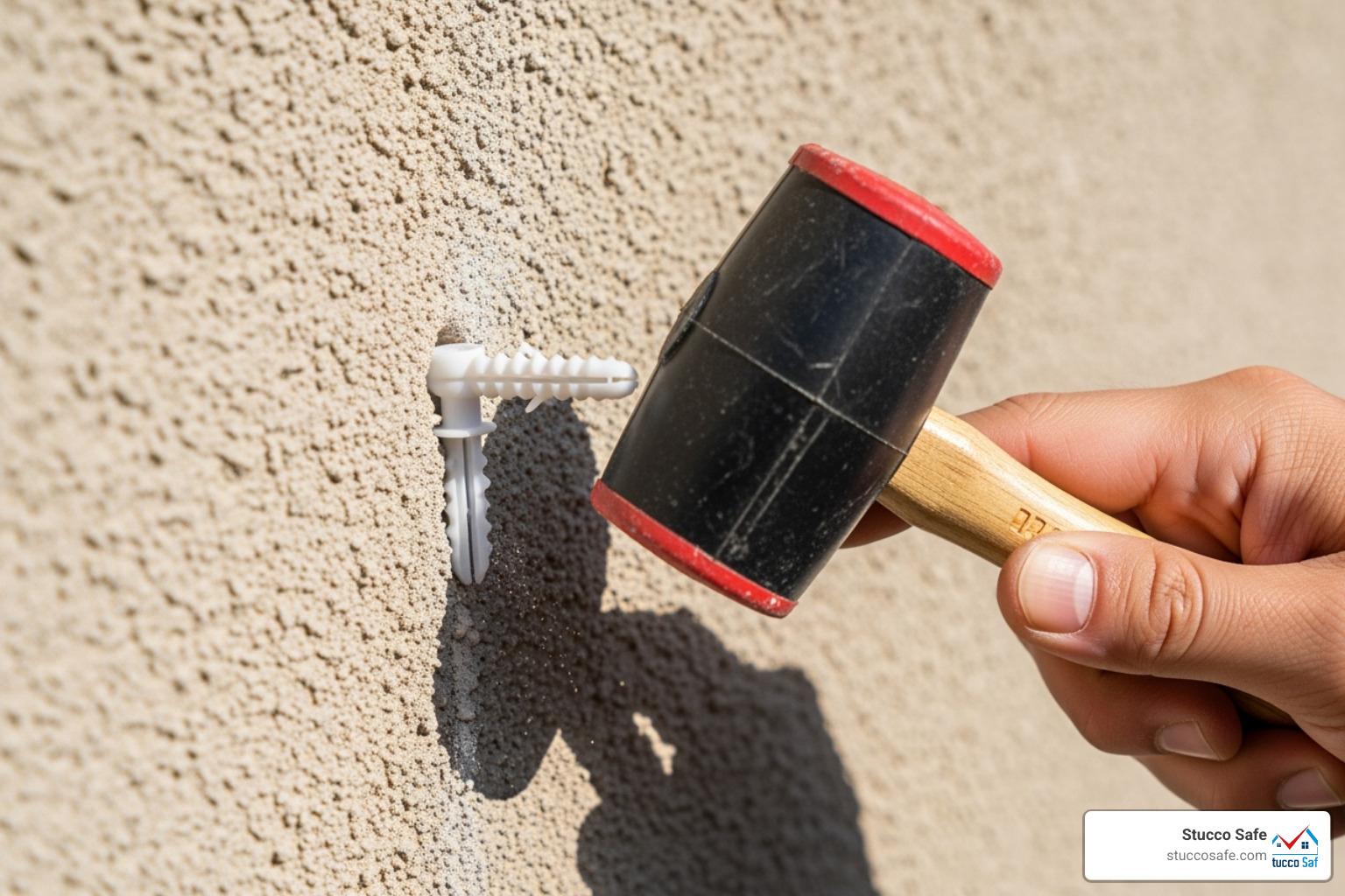 A hand gently tapping a white plastic expansion anchor into a freshly drilled hole in a stucco wall using a small rubber mallet, ensuring the anchor sits flush with the surface. - how to install anchors in stucco