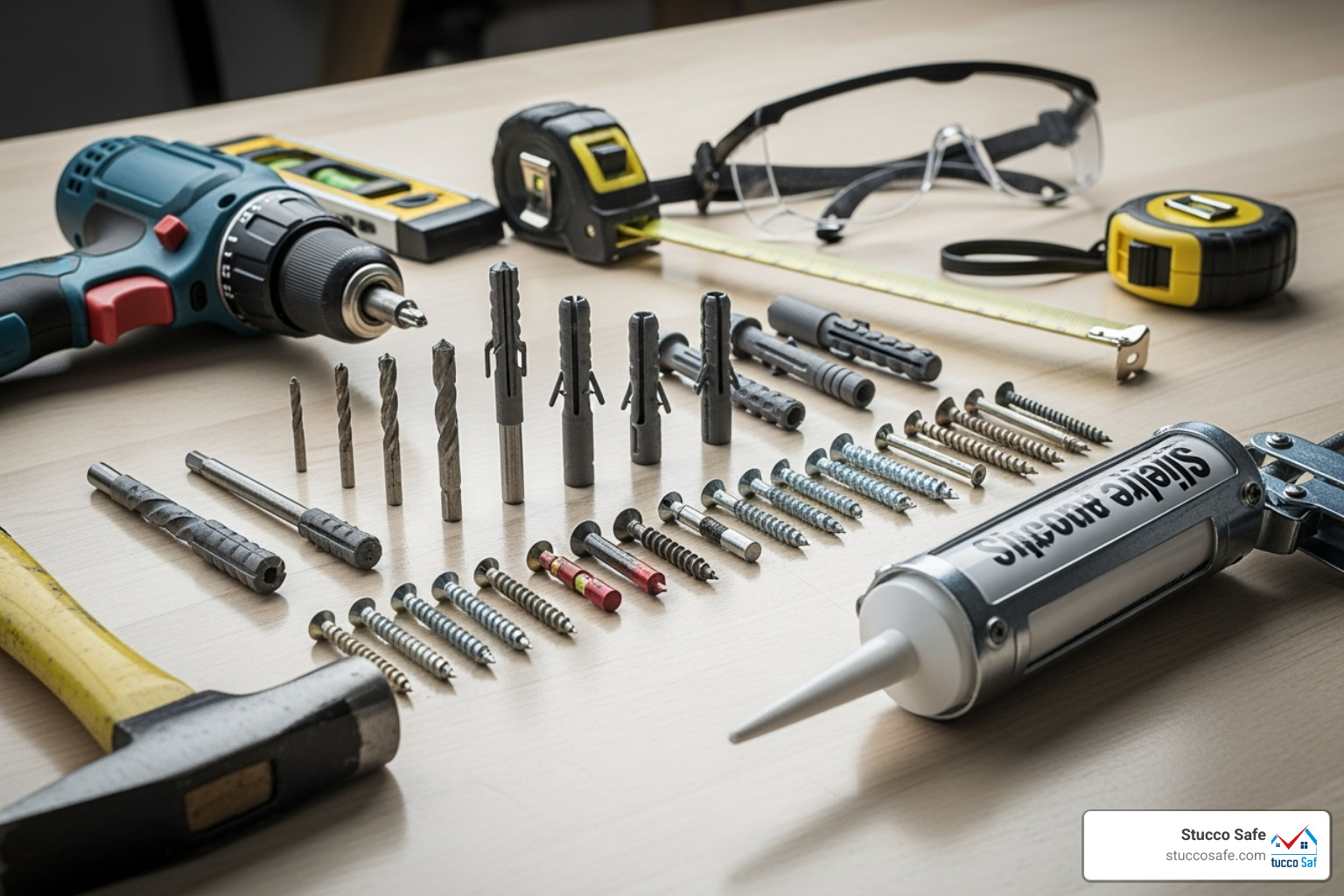 A collection of tools laid out on a clean surface, including a power drill, various masonry drill bits, different types of anchors, screws, a hammer, a level, a tape measure, safety goggles, and a tube of silicone caulk with a caulking gun. - how to install anchors in stucco