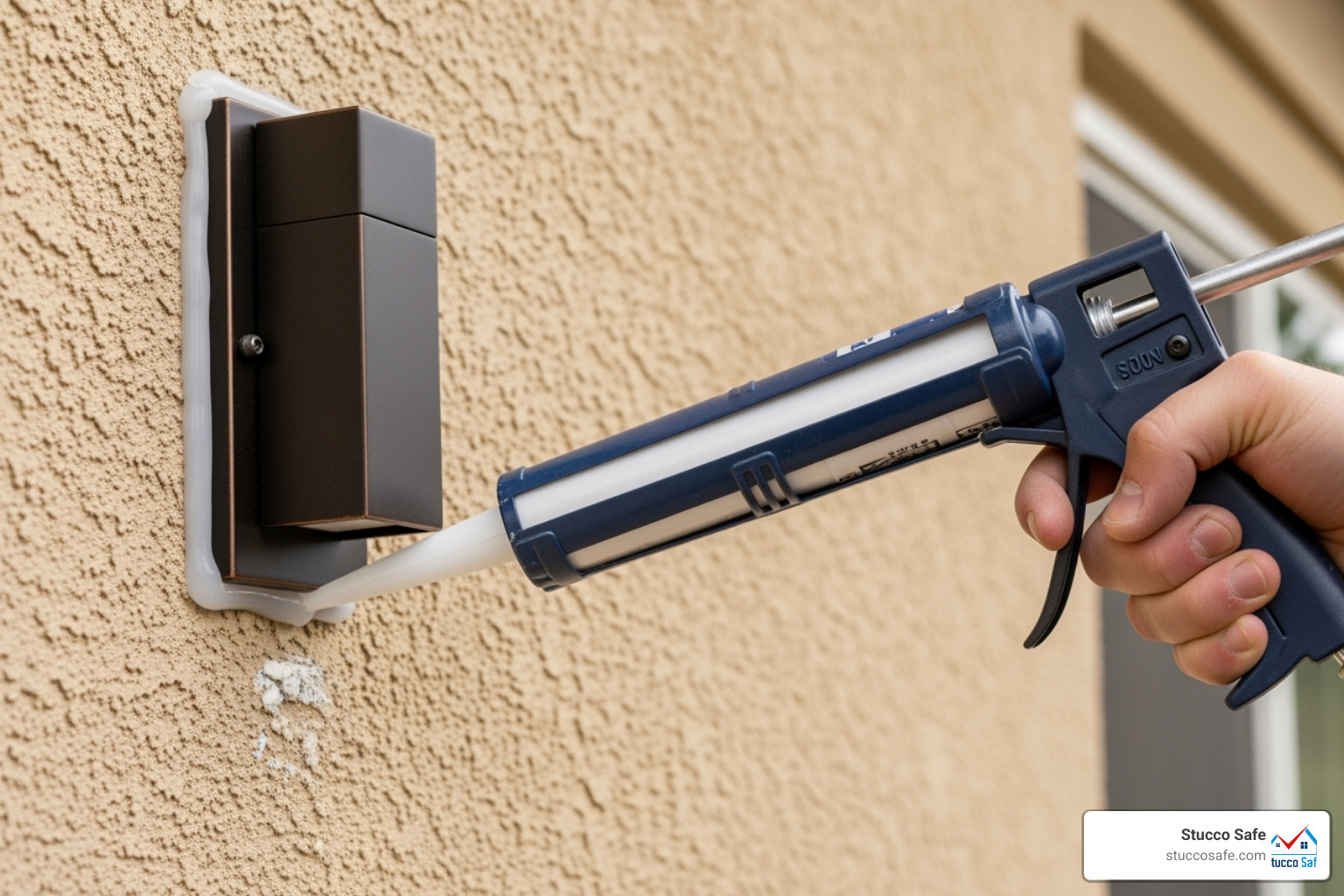 A close-up shot of a hand using a caulking gun to apply a neat, continuous bead of clear silicone sealant around the base of a newly installed outdoor fixture on a textured stucco wall. - how to install anchors in stucco